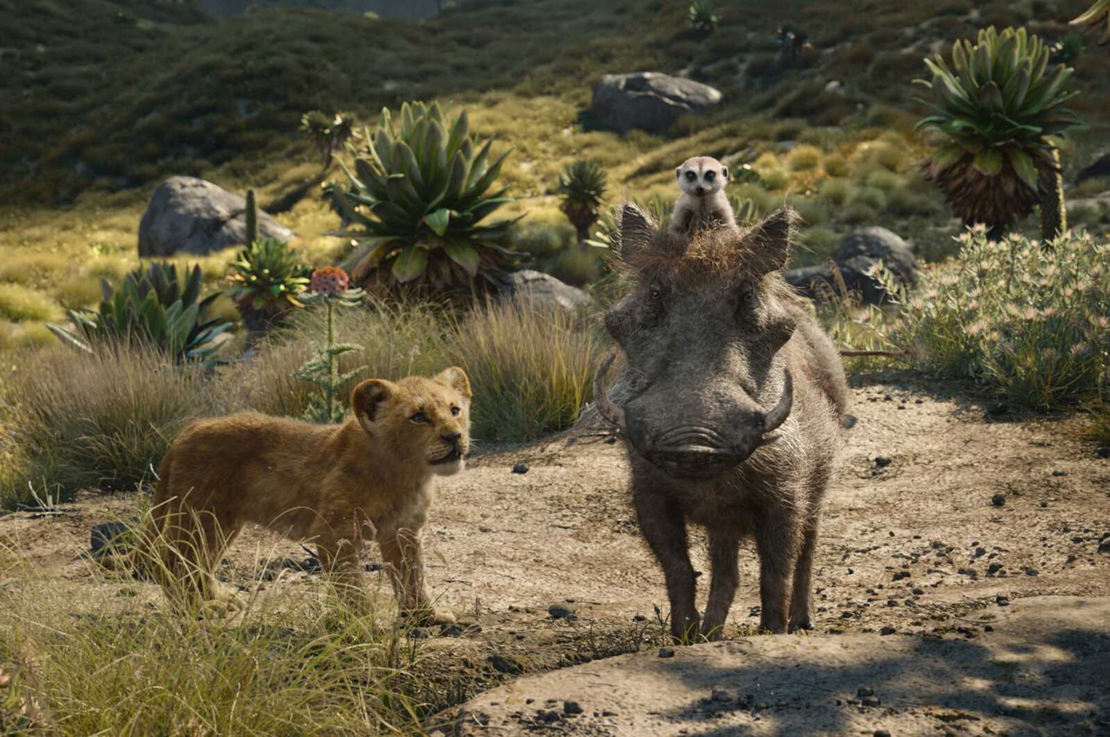 This image  shows, from left, young Simba, voiced by JD McCrary, Timon, voiced by Billy Eichner, and Pumbaa, voiced by Seth Rogen, in a scene from "The Lion King."