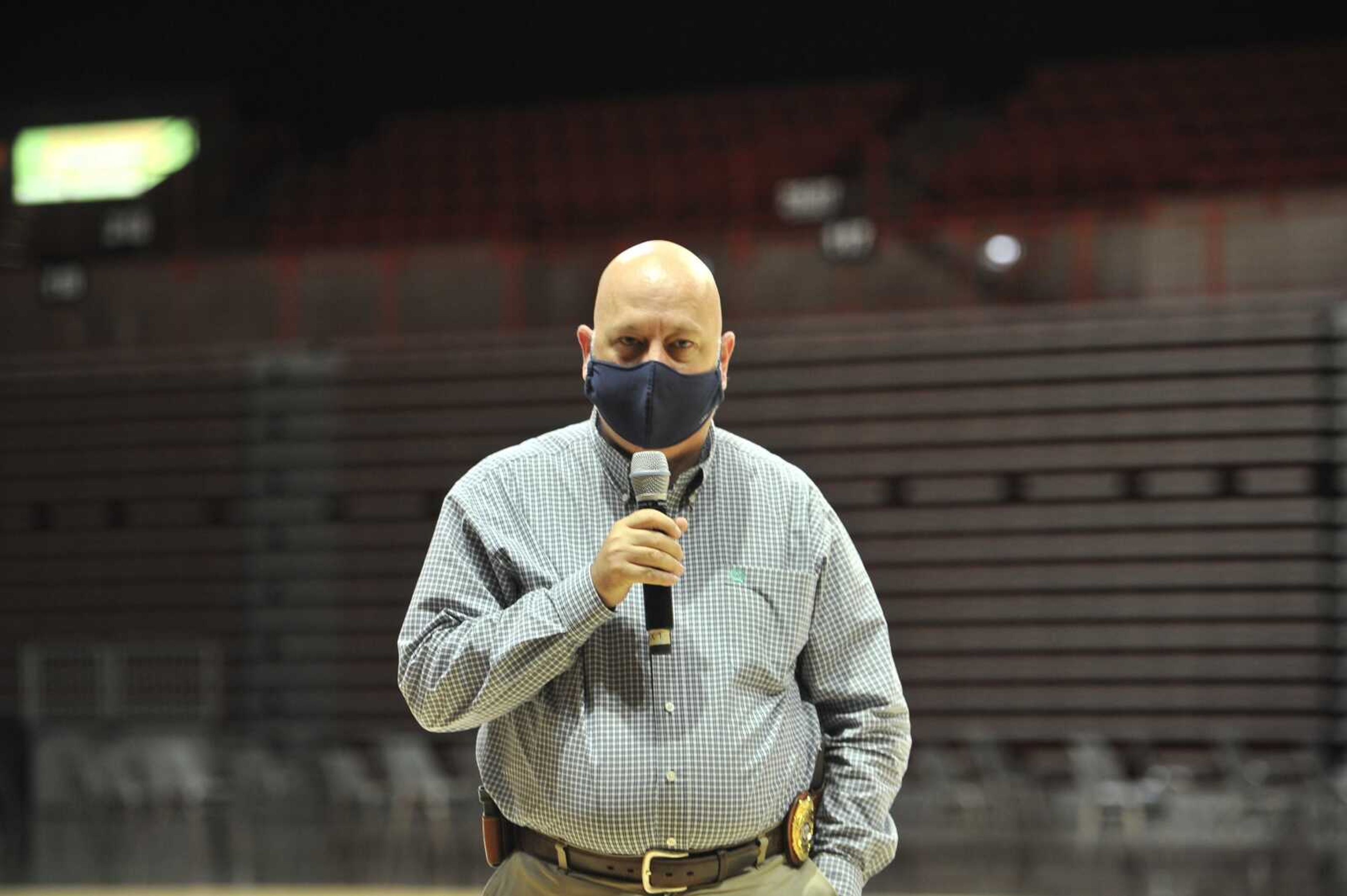 Cape Girardeau police chief Wes Blair speaks to the Southeast Missouri State University football program last month at the Show Me Center.