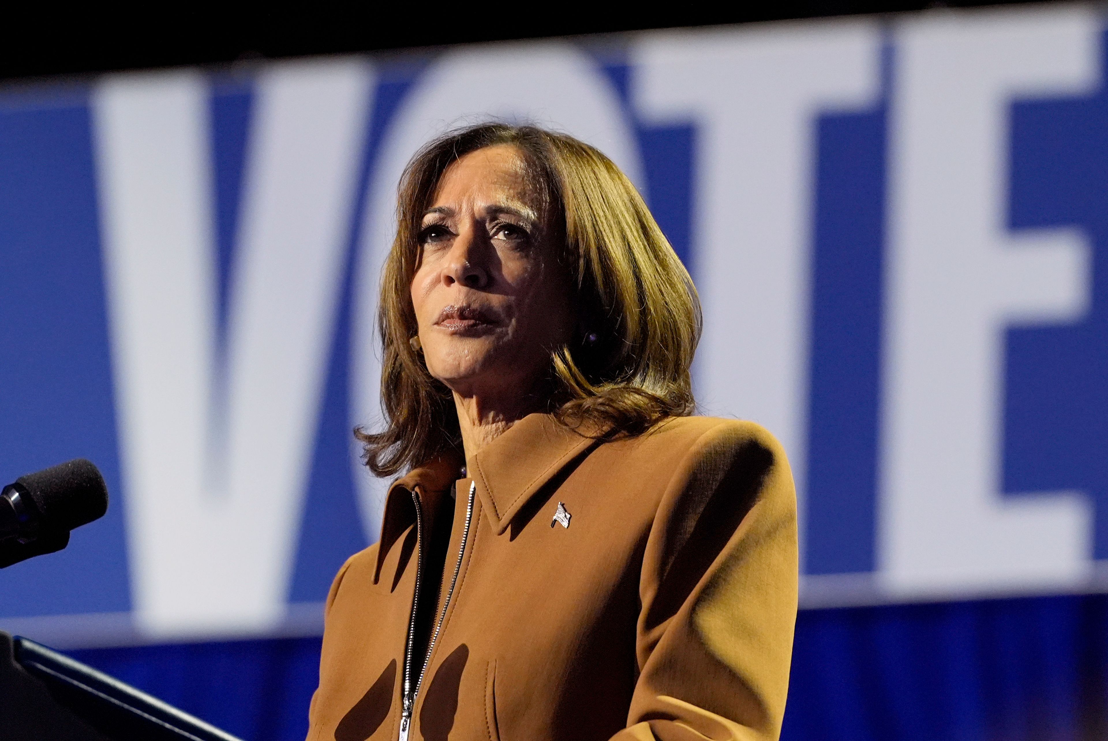 Democratic presidential nominee Vice President Kamala Harris speaks during a campaign rally at the Wings Event Center in Kalamazoo, Mich., Saturday, Oct. 26, 2024. (AP Photo/Jacquelyn Martin)