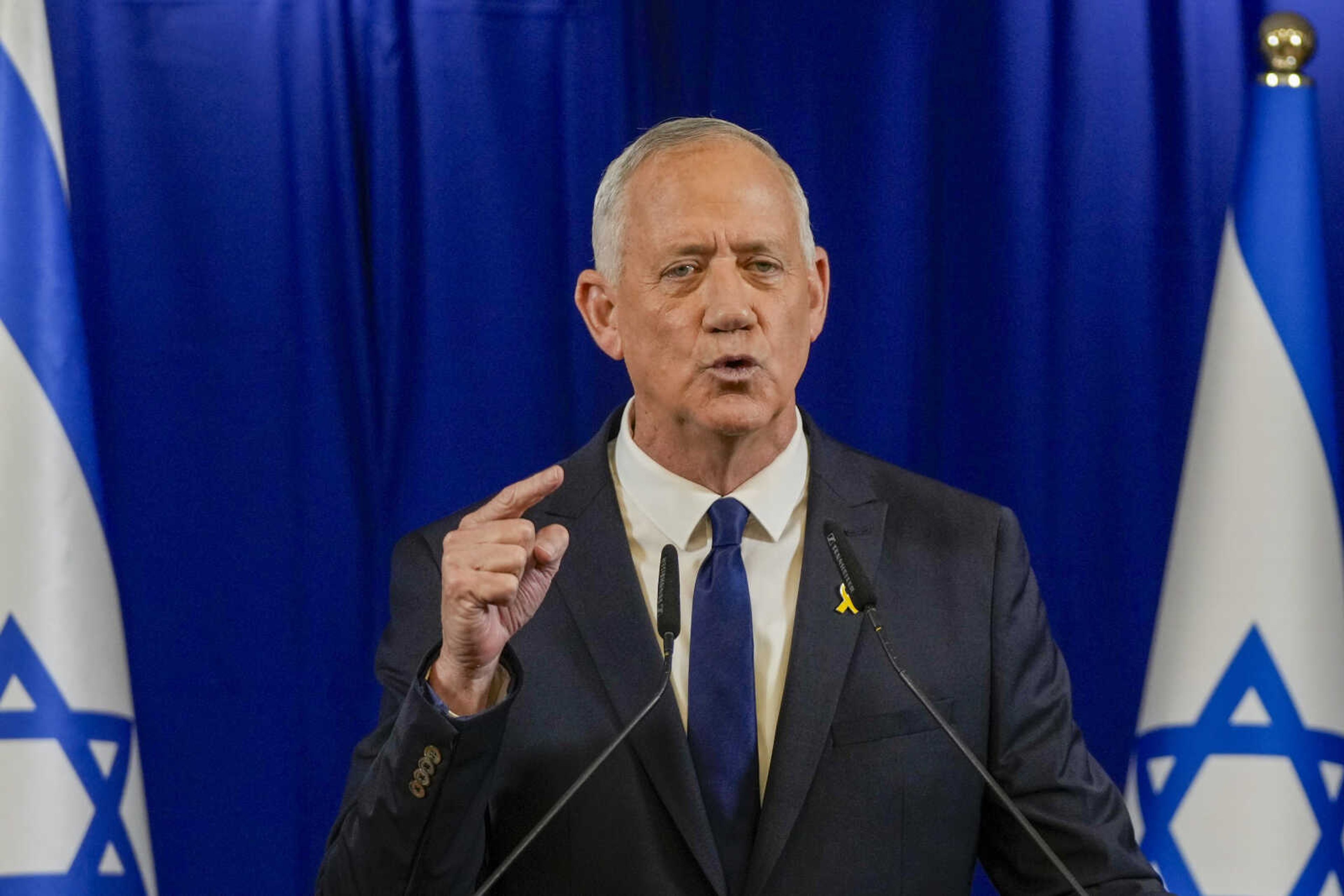 Benny Gantz, a centrist member of Israel's three-member war Cabinet announces his resignation in a statement Sunday in Ramat Gan, Israel. Gantz's move does not immediately pose a threat to Prime Minister Benjamin Netanyahu, who still controls a majority coalition in parliament.