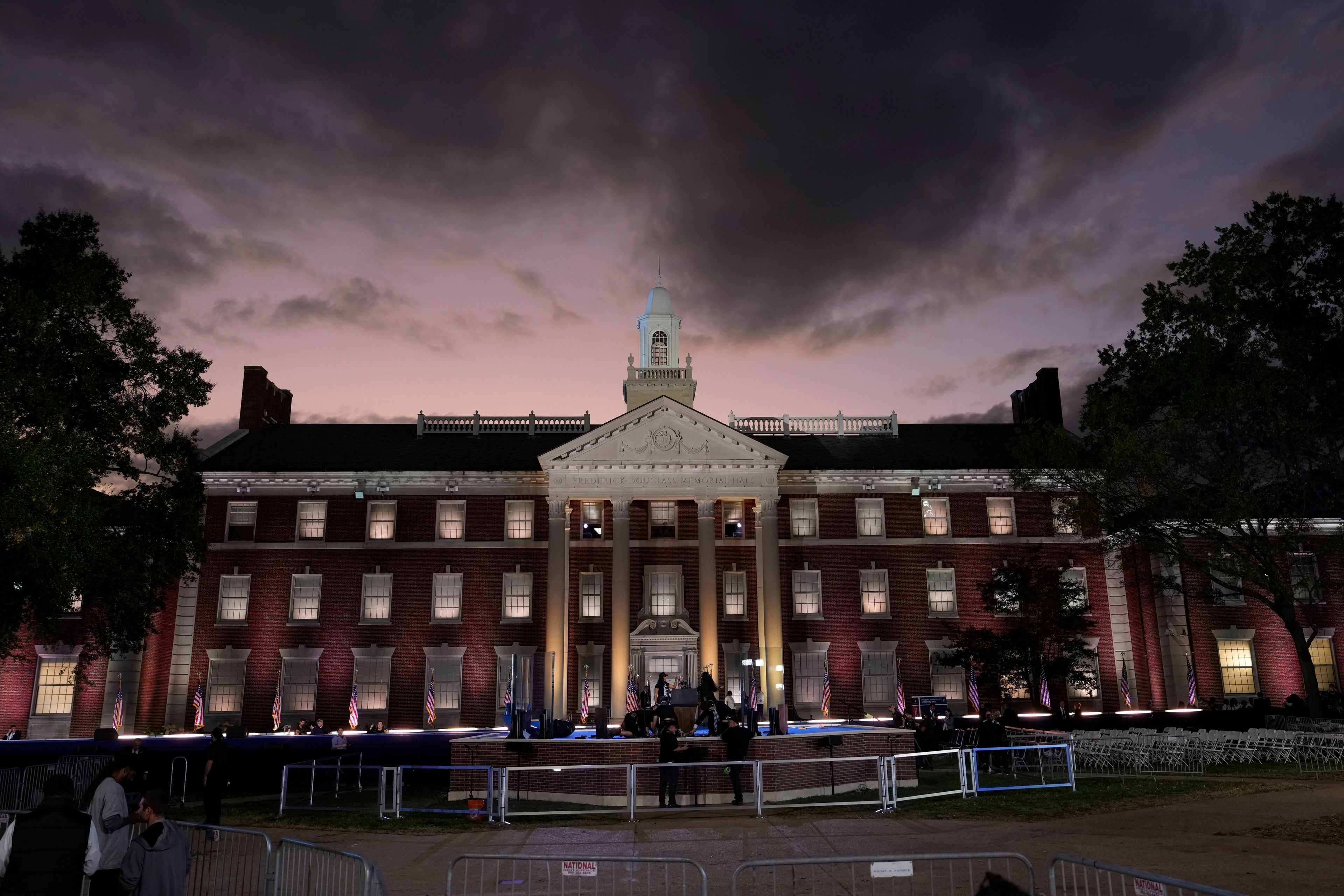 The stage is prepared ahead of an election night campaign watch party for Democratic presidential nominee Vice President Kamala Harris on Tuesday, Nov. 5, 2024, on the campus of Howard University in Washington. (AP Photo/Ben Curtis)