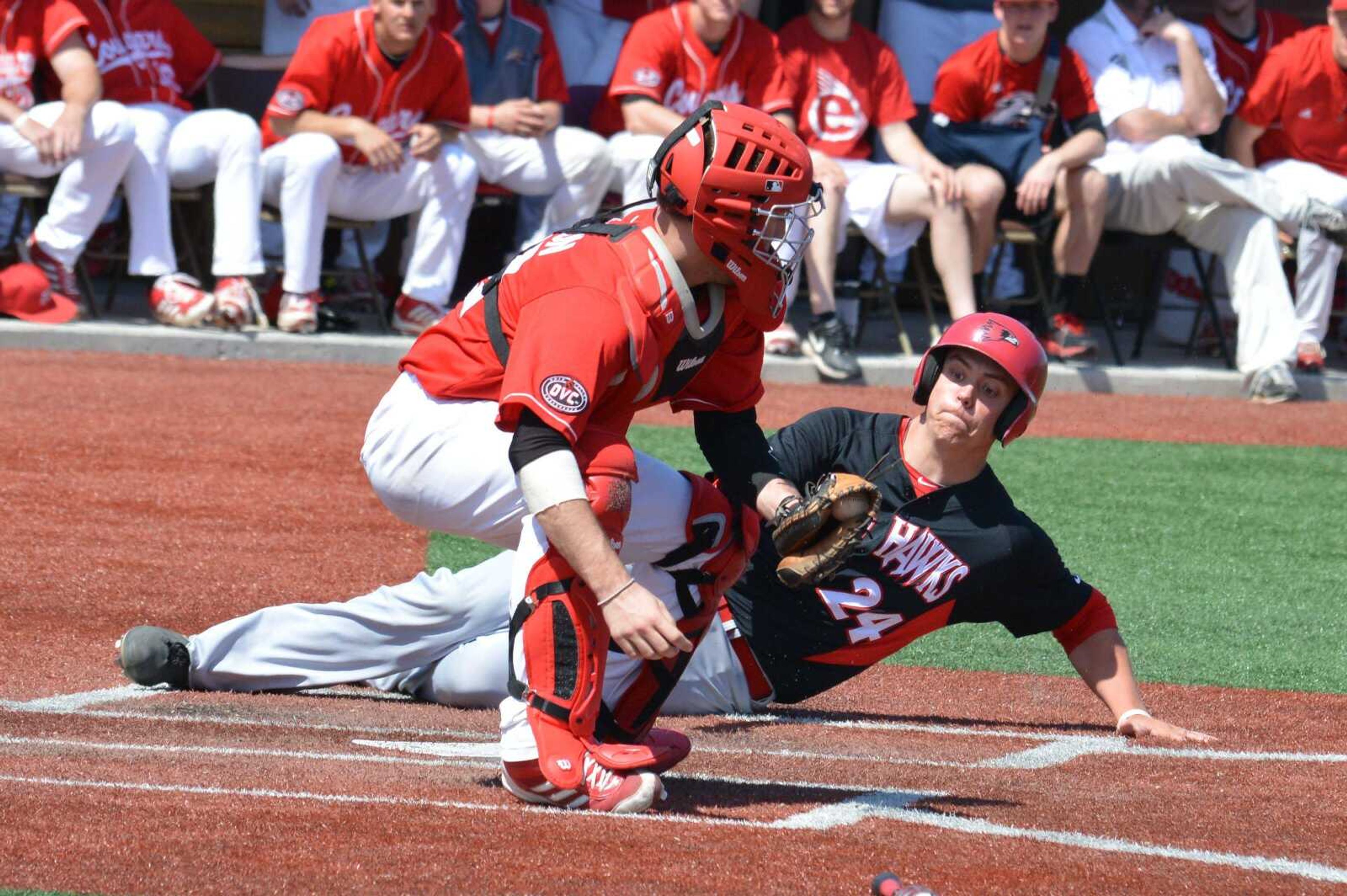 Southeast Missouri State&#8217;s Ryan Barnes scores on a double by Branden Boggetto during the second inning.