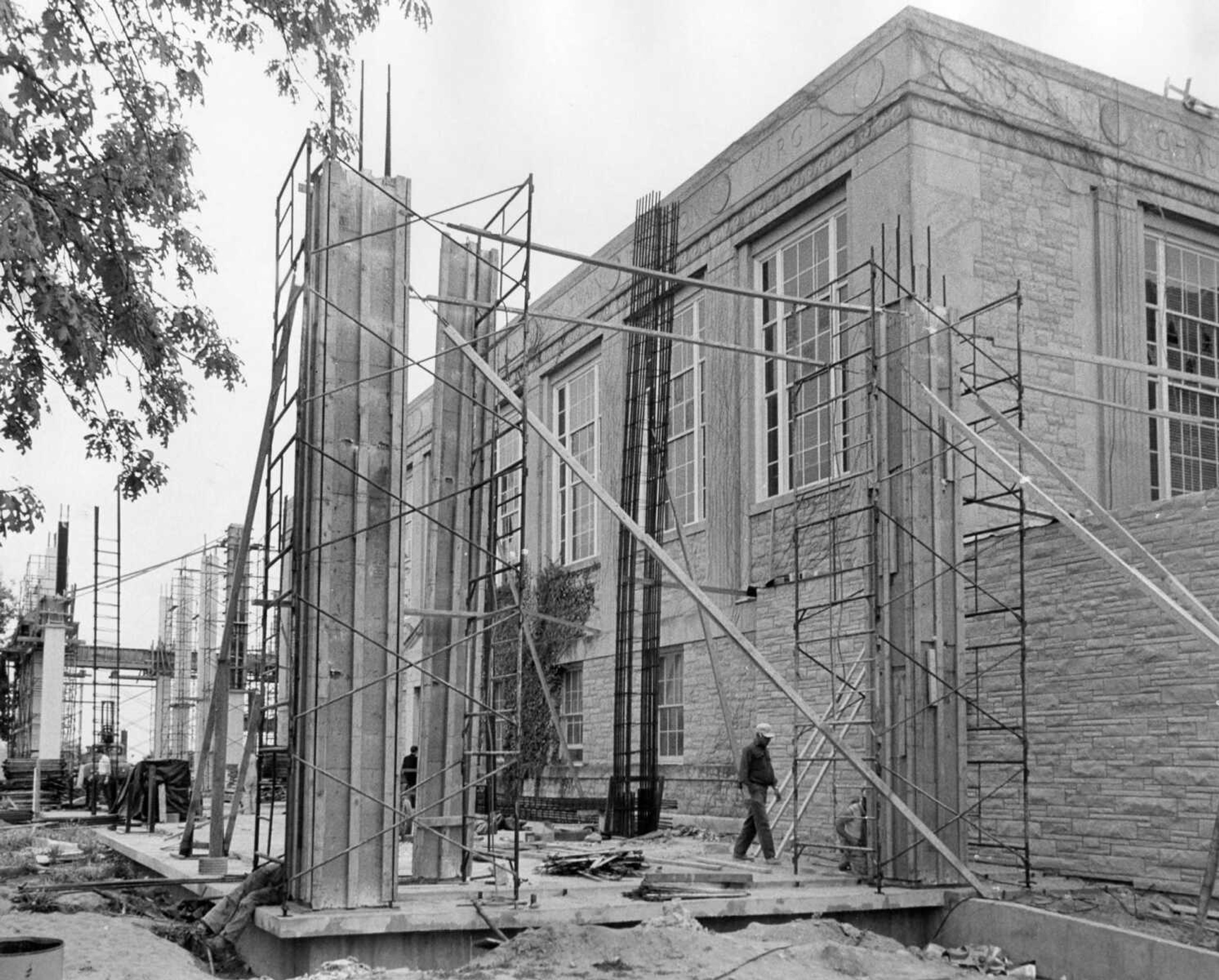 In this unused photo taken April 24, 1967, workers had begun work on the front of Kent Library. Eventually, the expansion would obliterate the original facade of the structure that can be seen here.