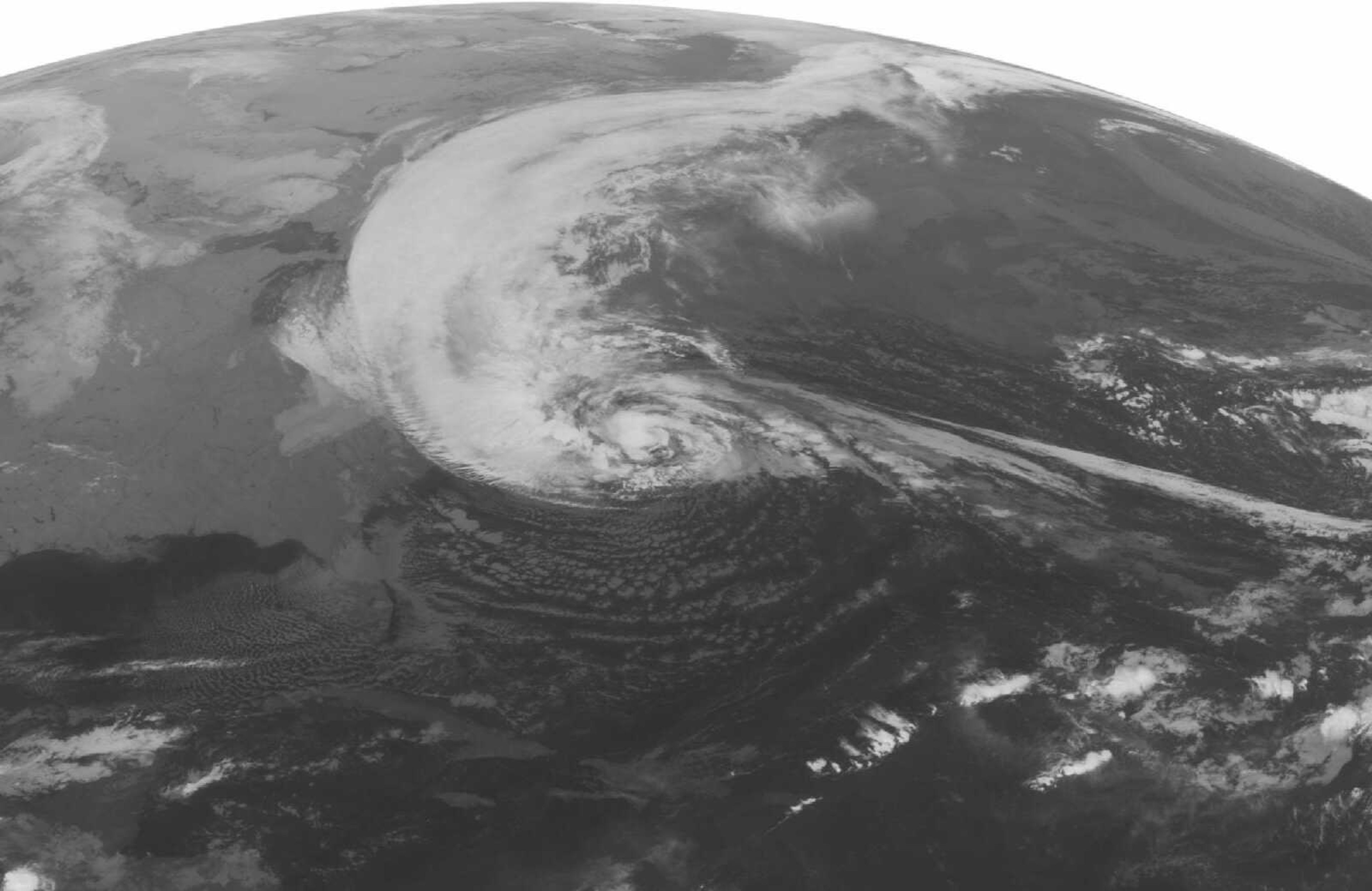 This NOAA satellite image taken Monday, Oct. 29, 2012 at 1:45 a.m. EDT shows Hurricane Sandy turning to the to the north well east of Cape Hatteras, N.C. Maximum winds are 75 mph with slight strengthening possible in the next 12 hours. Sandy is spreading rain and high winds across the Mid Atlantic and New England and is expected to make landfall later today on the southern New Jersey coast. Wind gusts as high as 80 mph can expected from southern New England to the Washington area.  Storm surges of 6 to 10 feet are expected in the New York City area, Long Island, and the New Jersey coast. Heavy snow will develop over the mountains of West Virginia, eastern Kentucky, and southwestern Virginia with 1-2 feet expected. (AP Photo/Weather Underground)