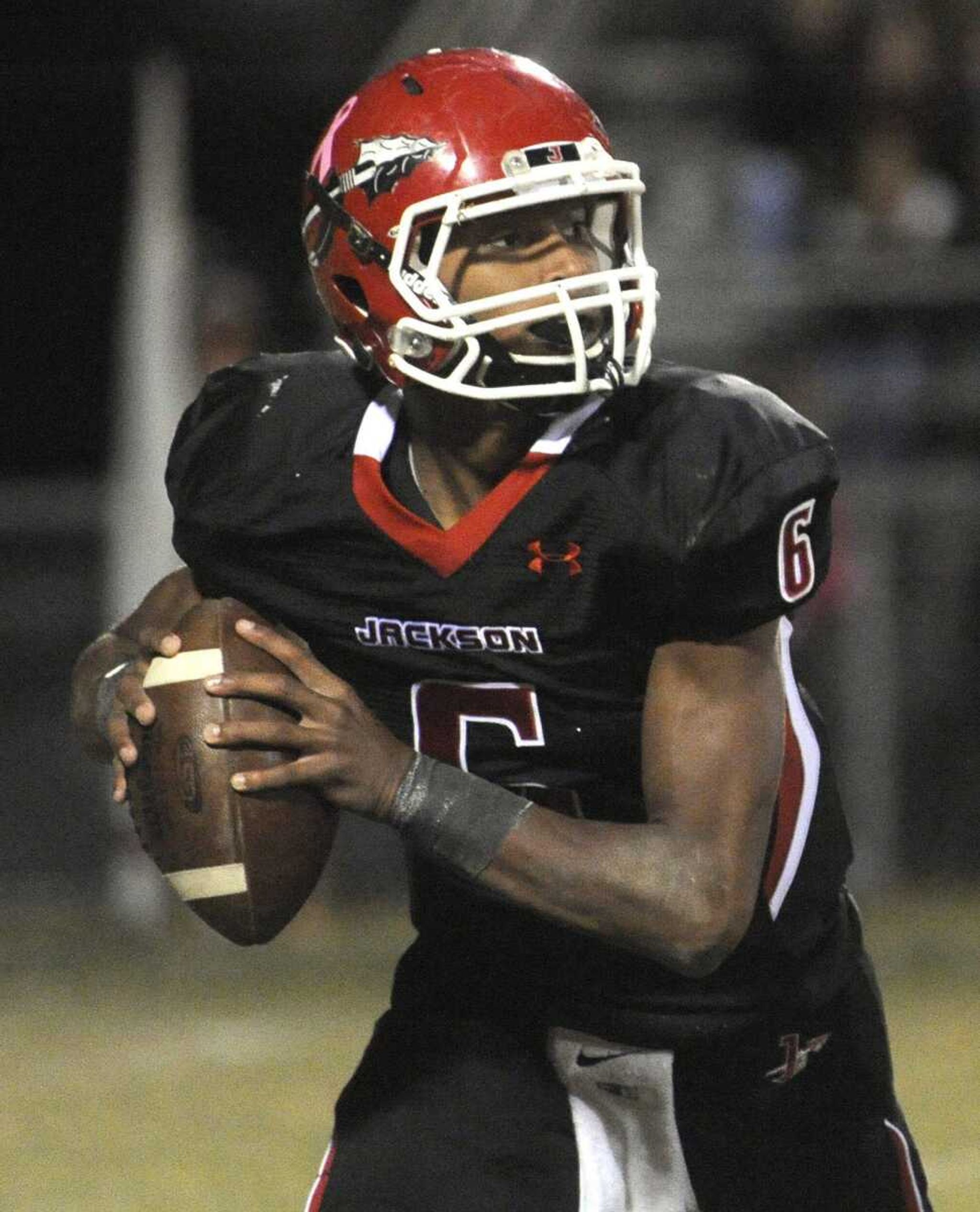 Jackson quarterback Dante Vandeven looks to pass against Francis Howell Central during the second quarter Friday, Oct. 19, 2012 in Jackson. (Fred Lynch)