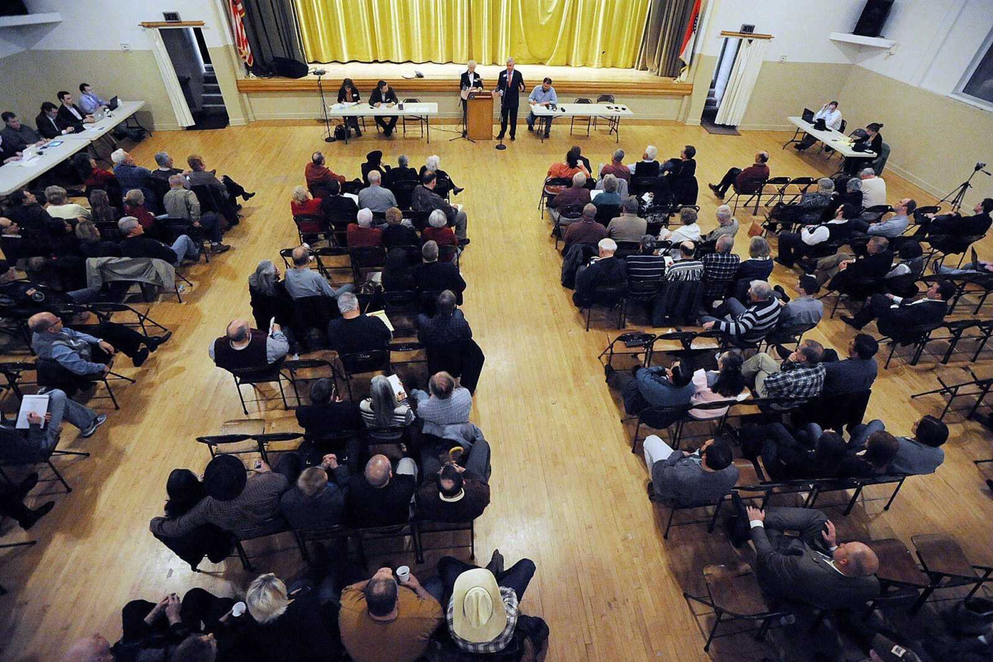 Attendees fill the Salem City Hall's auditorium floor during Thursday night's 8th District Congressional Committee's candidate forum. The GOP committee will nominate a replacement to fill Rep. Jo Ann Emerson's seat. Candidates were asked the same six questions by a member of the GOP committee. Candidates at the forum were Wendell Bailey, Jason Crowell, Lt. Gov. Peter Kinder(pictured), Bob Parker, Todd Richardson, Jason Smith, Lloyd Smith, Pedro Sotelo, Sarah Steelman, Clint Tracy, John Tyrrell and Wayne Wallingford. (LAURA SIMON ~ lsimon@semisourian.com)