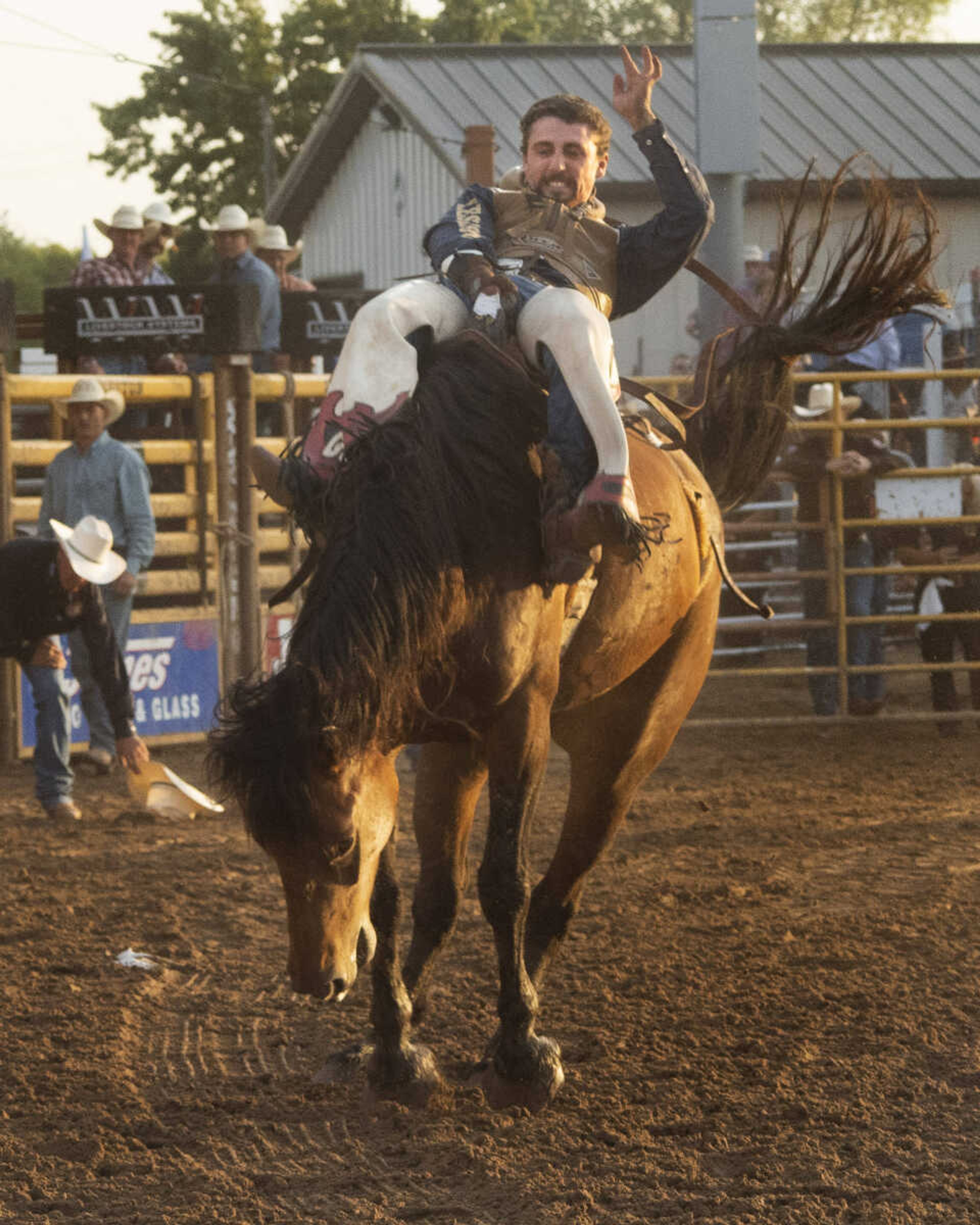 A rider performs during the last night of the Sikeston Jaycee Bootheel Rodeo Saturday, Aug. 14, 2021,&nbsp;in Sikeston, Missouri.