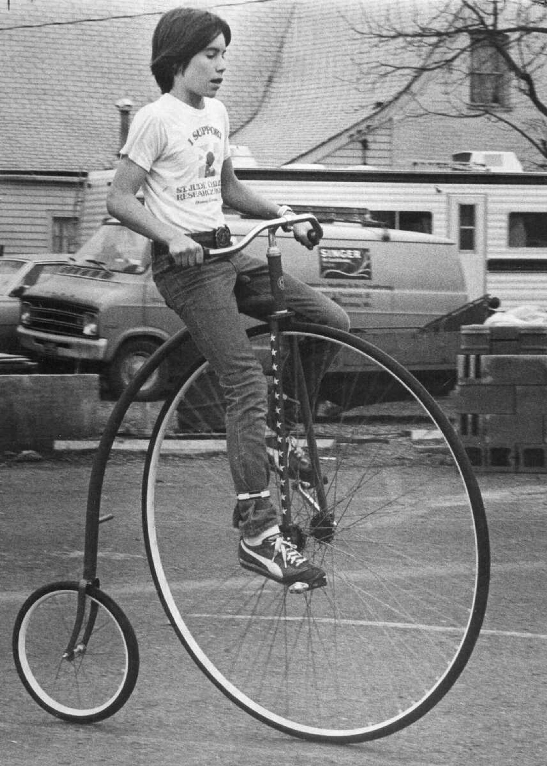 Tom Goodin, son of Mr. and Mrs. George Goodin of Webster Groves. Mo., tried out a big two-wheeler. The bike belonged to Tom's brother, Eric Goodin, who owned a bicycle shop in Cape Girardeau. (Published April 12, 1979)