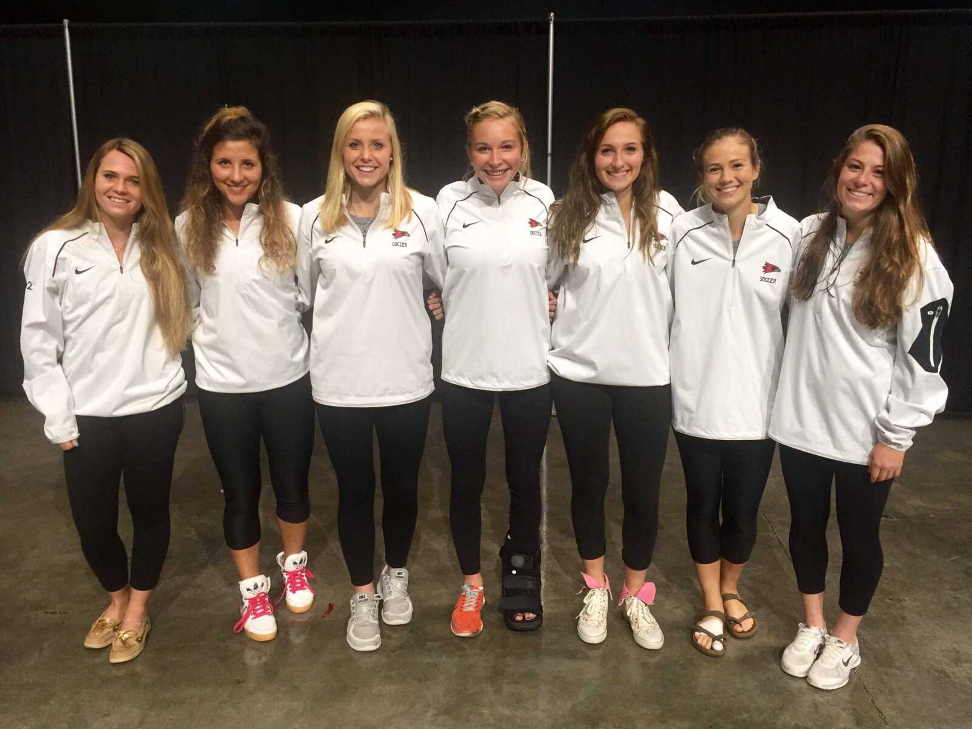 From left to right, Natasha Minor, Angie Mann, Maria Salm, Jennifer Brien, Paige Blankenheim, Kaitlin Kuznacic and Shay Darga are seven Wisconsin natives on the Southeast Missouri State women's soccer team. They'll return to their home state, beginning at 7 p.m. today against Wisconsin-Green Bay.