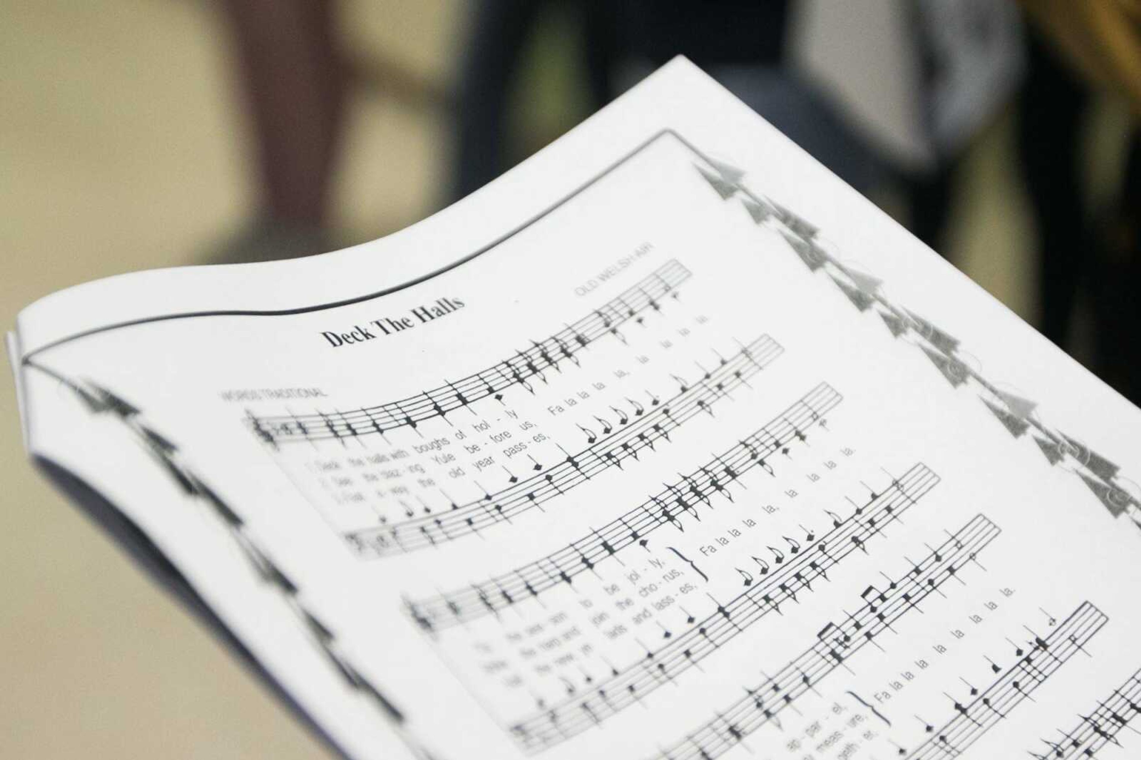 Sheet music guides the Saxony Lutheran High School Beta Club through Christmas carols Dec. 8 during a trip to the Missouri Veterans Home in Cape Girardeau. (Glenn Landberg)