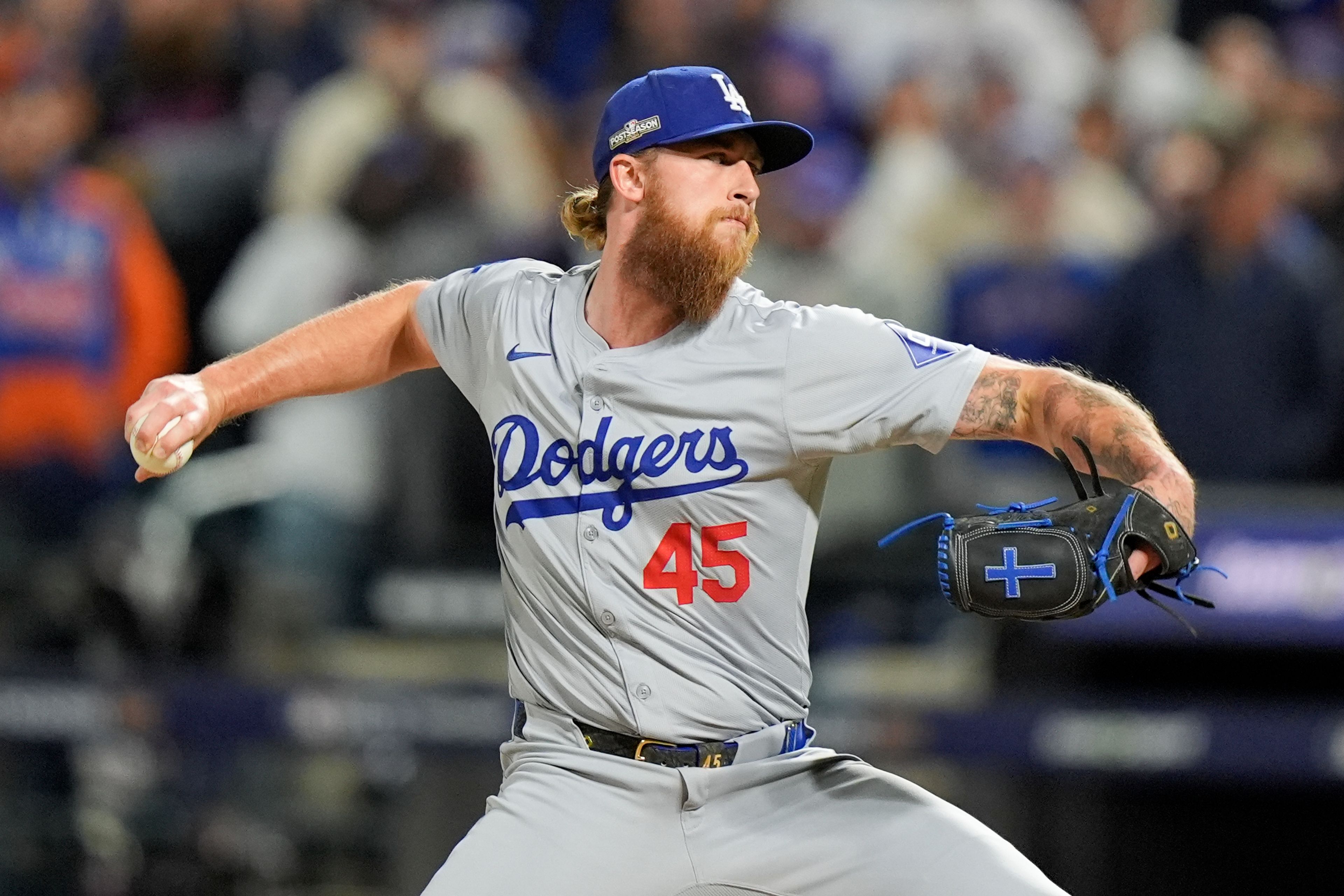 Los Angeles Dodgers pitcher Michael Kopech throws against the New York Mets during the fifth inning in Game 3 of a baseball NL Championship Series, Wednesday, Oct. 16, 2024, in New York. (AP Photo/Frank Franklin II)