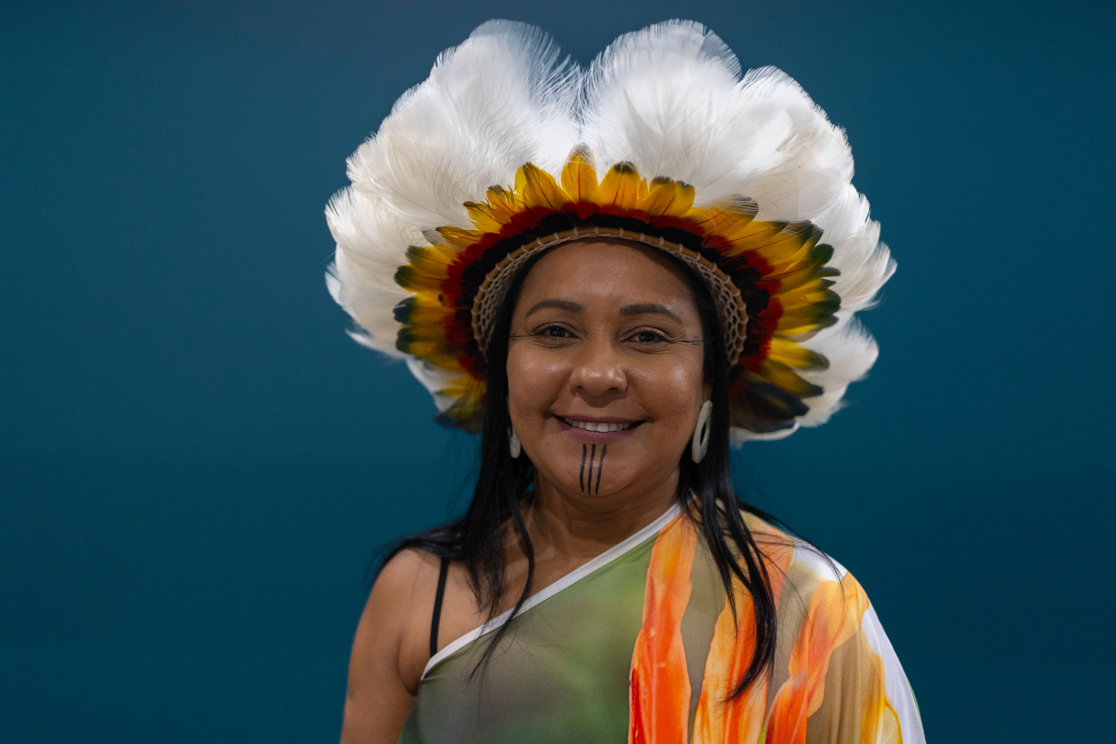 Puyr dos Santos Tembe, 47, of Belem, Brazil, from the Tembe community, poses for a photo during the COP29 U.N. Climate Summit, Thursday, Nov. 14, 2024, in Baku, Azerbaijan. (AP Photo/Rafiq Maqbool)