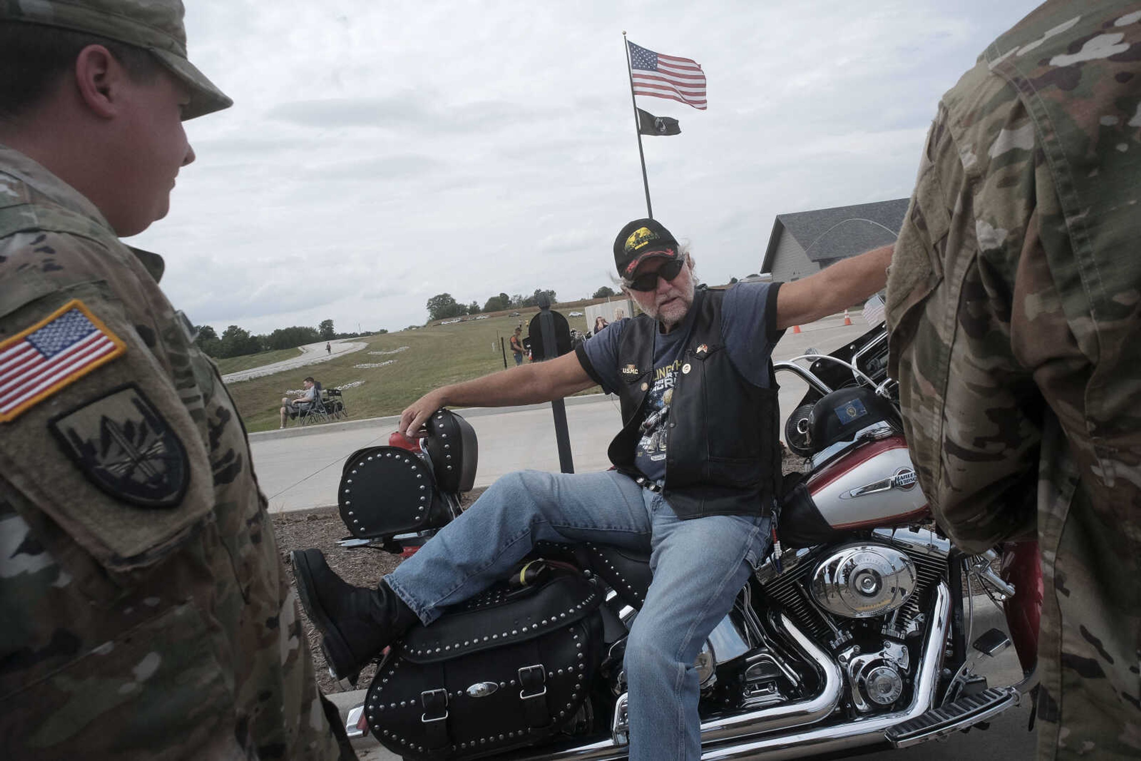 Marine Corps veteran Bob Shults reclines on his motorcycle while socializing during the first-ever Missouri Vietnam Wall Run  Saturday, Sept. 21, 2019, at the Missouri's National Veterans Memorial in Perryville.