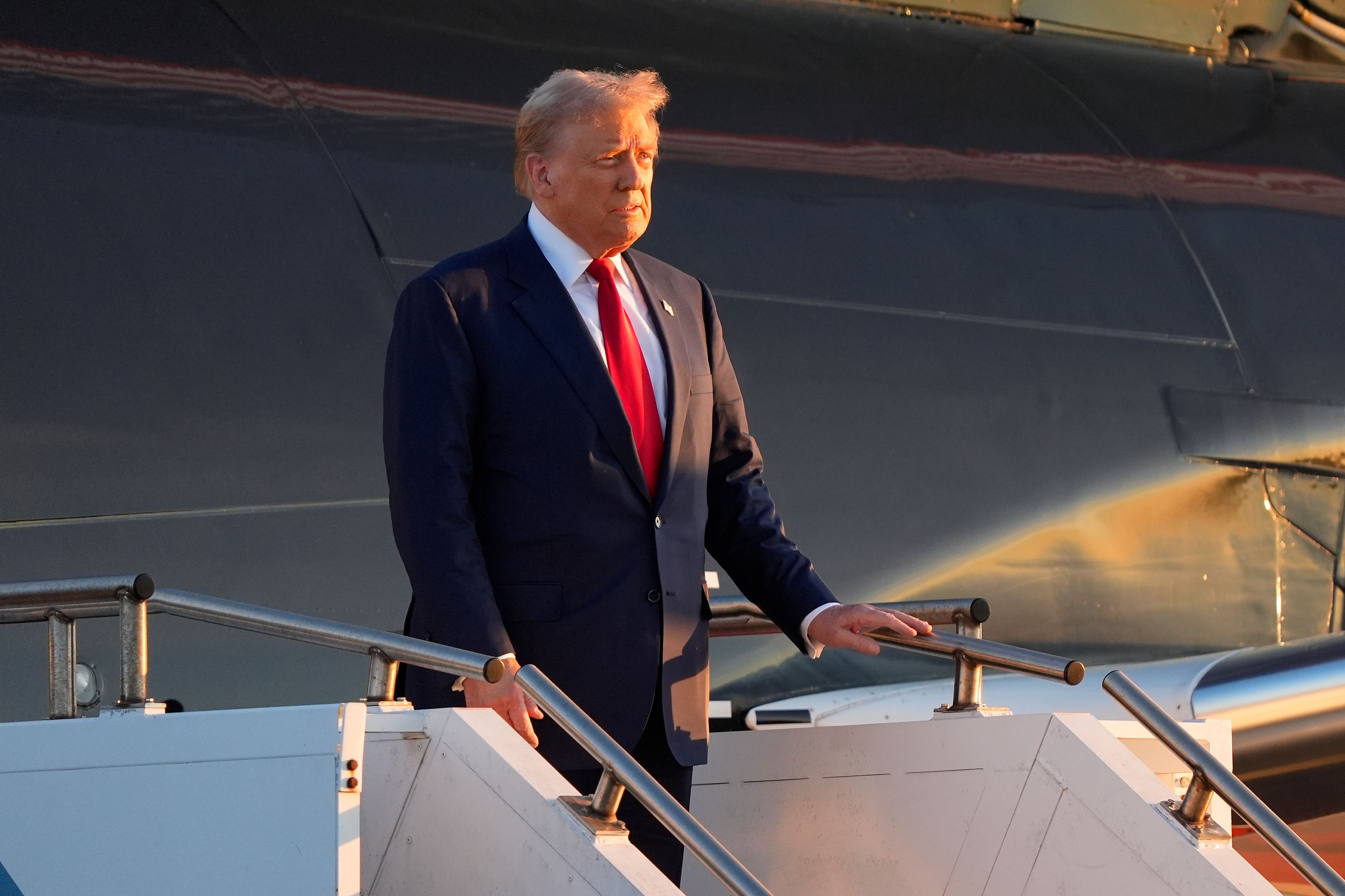 Republican presidential nominee former President Donald Trump, during his arrival at Philadelphia International Airport, Tuesday, Sept. 10, 2024, in Philadelphia. (AP Photo/Chris Szagola)