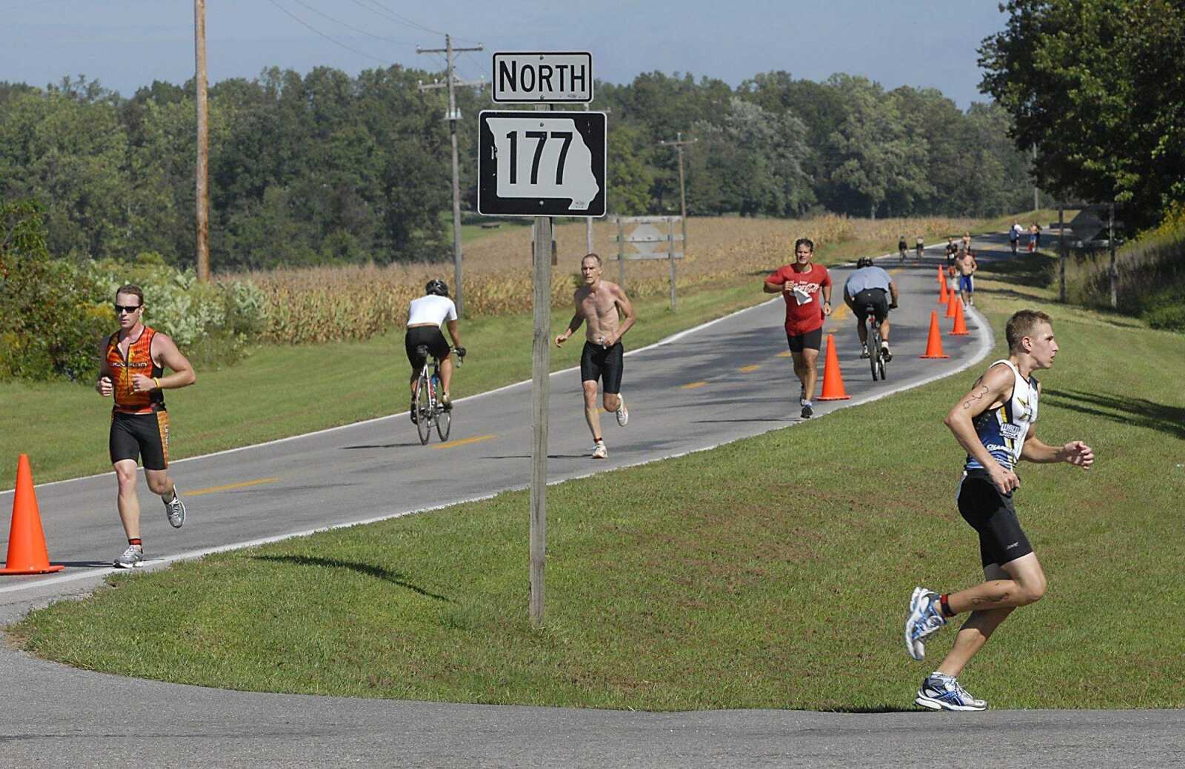 FRED LYNCH ~ flynch@semissourian.com
Runners enter Trail of Tears State Park from Highway 177 in the final leg of the 2008 Coors Light/Trail of Tears Triathlon Saturday.