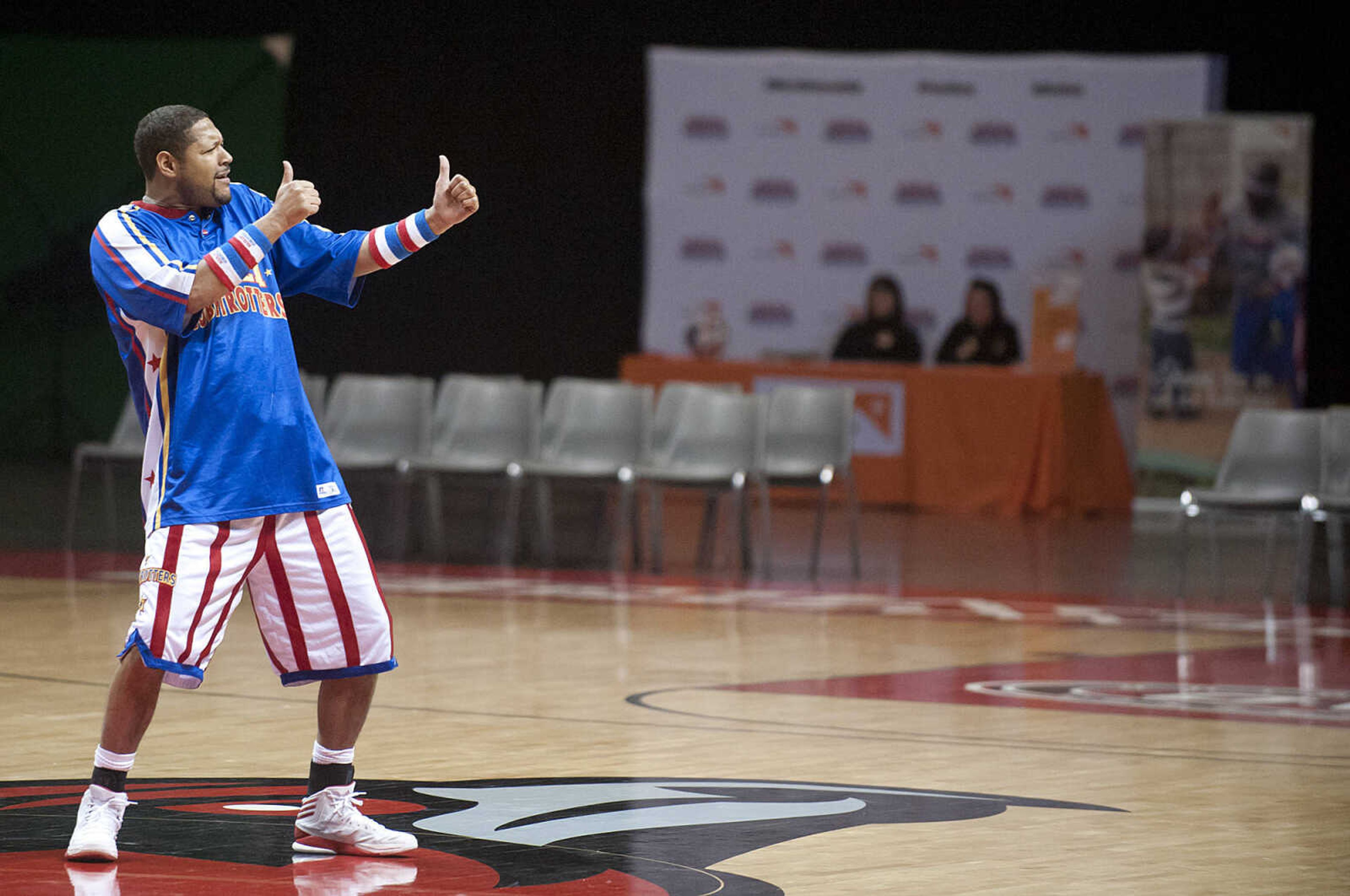 Handles works the crowd during the Original Harlem Globetrotters' performance Monday, Jan. 13, at the Show Me Center.