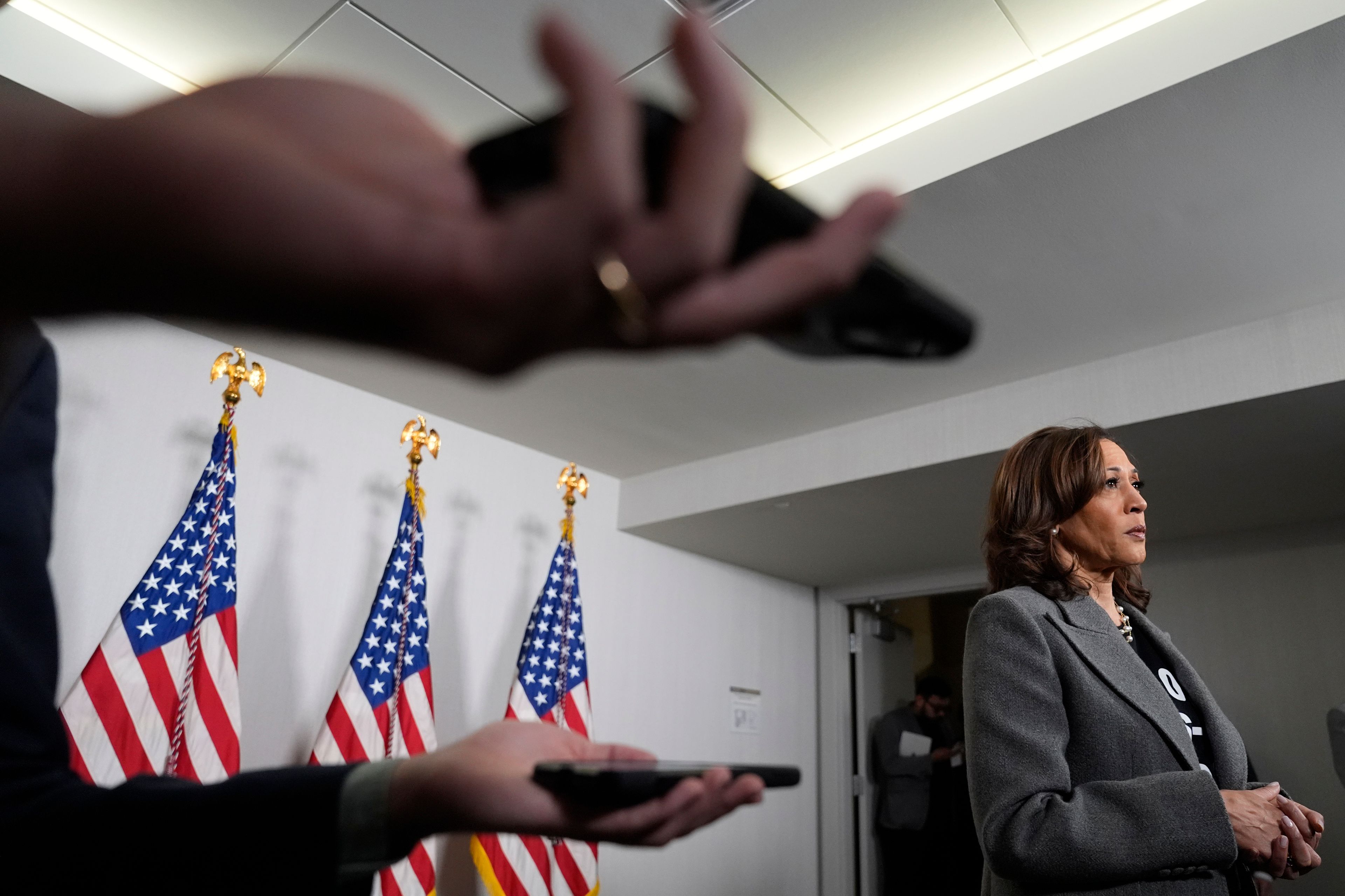 Democratic presidential nominee Vice President Kamala Harris speaks to members of the media, Saturday, Oct. 19, 2024, in Detroit. (AP Photo/Jacquelyn Martin)