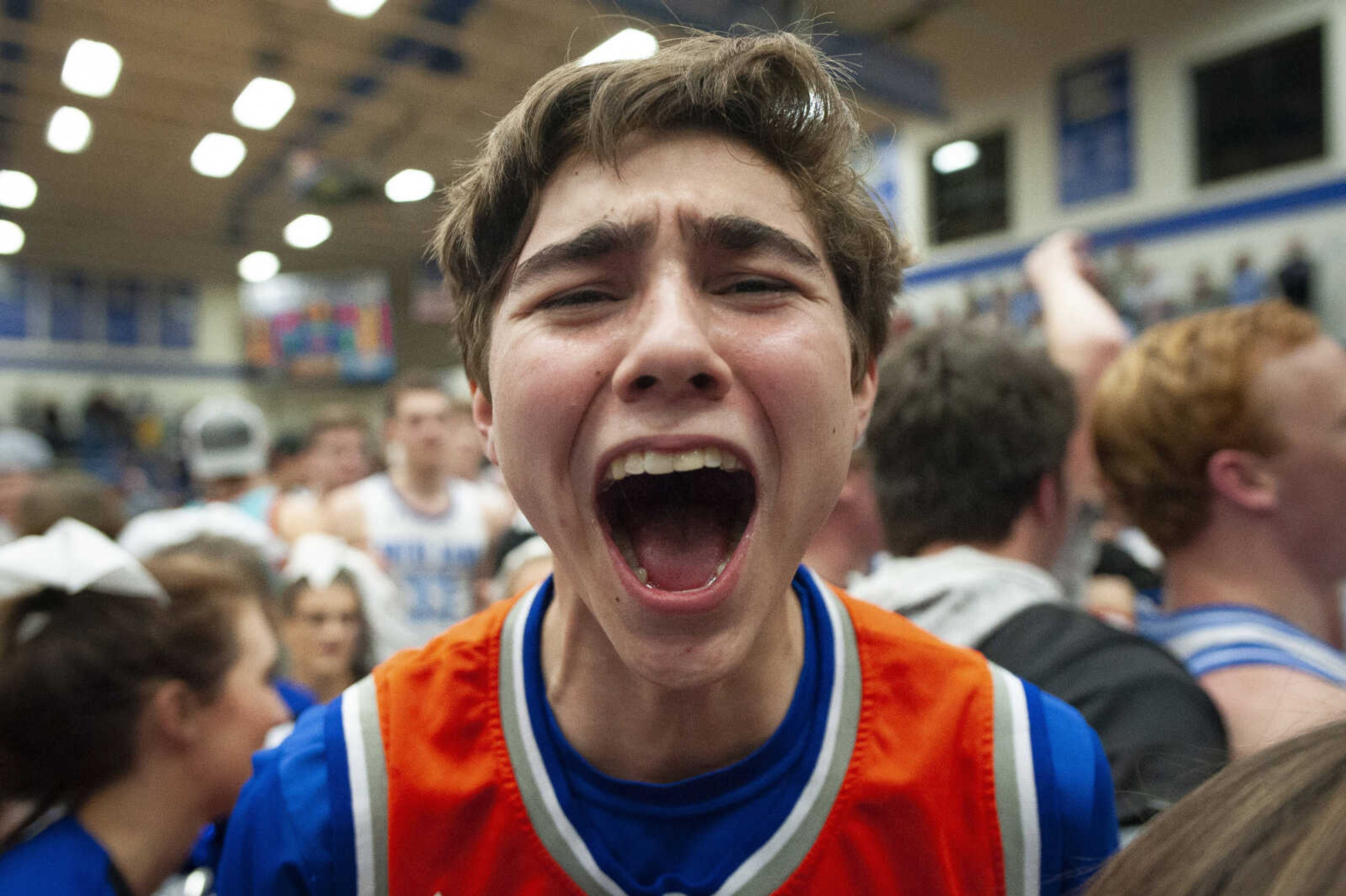 Notre Dame senior Cristian Evans celebrates the Notre Dame Bulldogs' 38-37 double overtime win against the Cape Central Tigers in the Class 4 District 1 championship Friday, March 6, 2020, at Notre Dame Regional High School in Cape Girardeau.