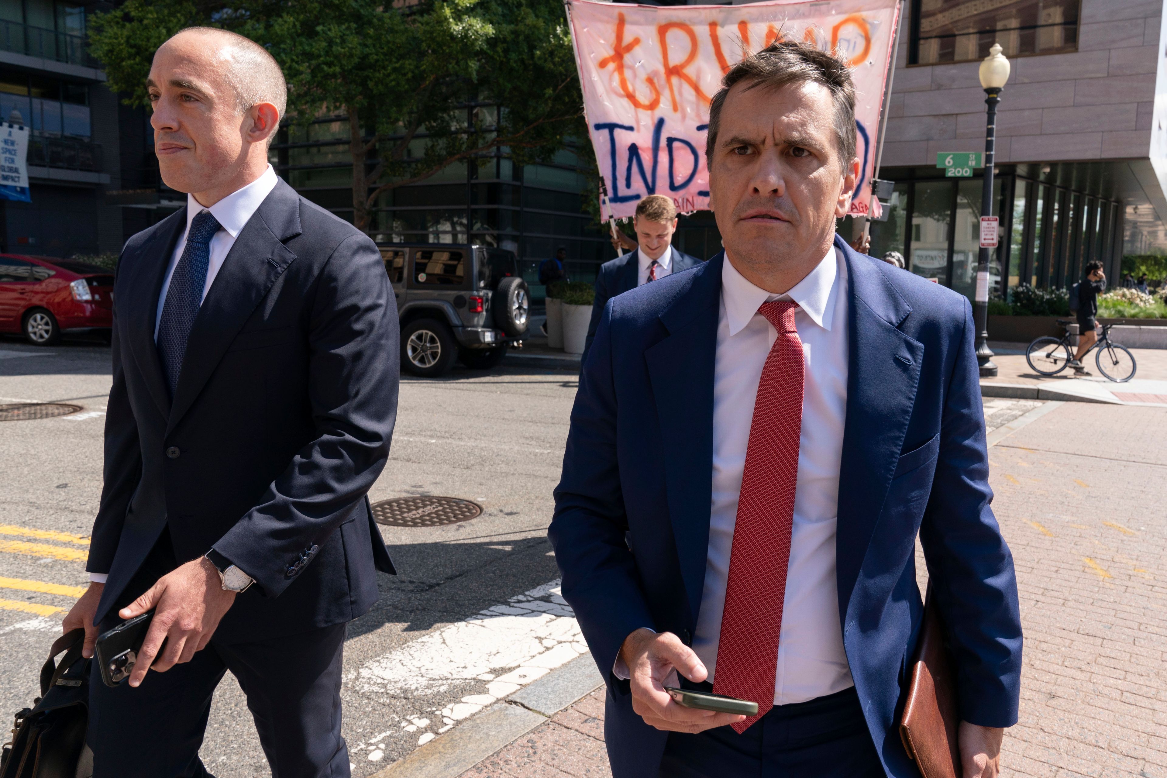 Former President Donald Trump attorneys Emil Bove, left, and Todd Blanche leave the U.S. Federal Courthouse, after a hearing, Thursday, Sep. 5, 2024, in Washington. A judge is hearing arguments about potential next steps in the federal election subversion prosecution of Donald Trump in the first hearing since the Supreme Court narrowed the case by ruling that former presidents are entitled to broad immunity from criminal charges. (AP Photo/Jose Luis Magana)