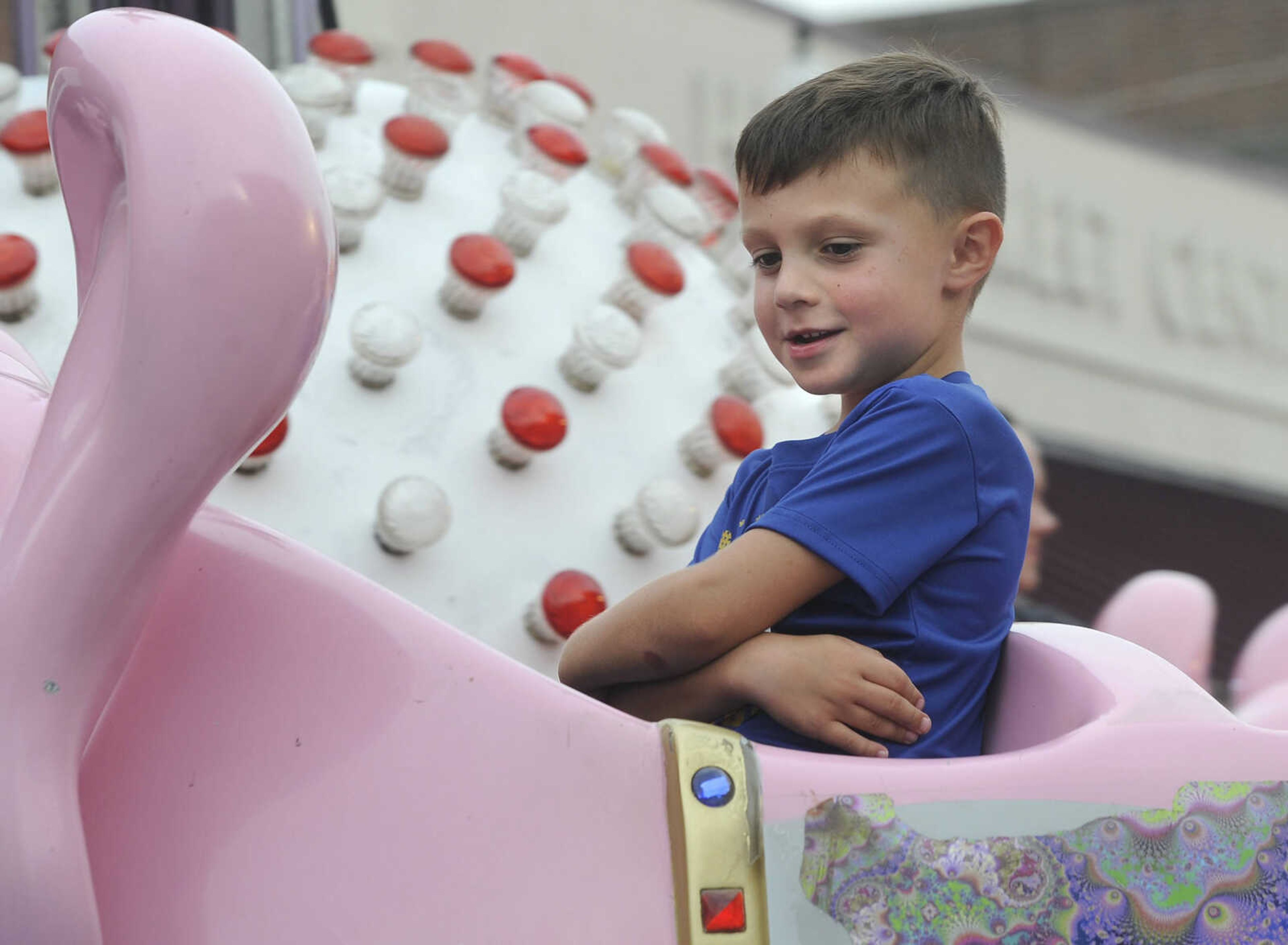 FRED LYNCH ~ flynch@semissourian.com
Cooper Ashby comes down on the elevated elephant ride Wednesday, July 26, 2017 at Homecomers in Jackson.