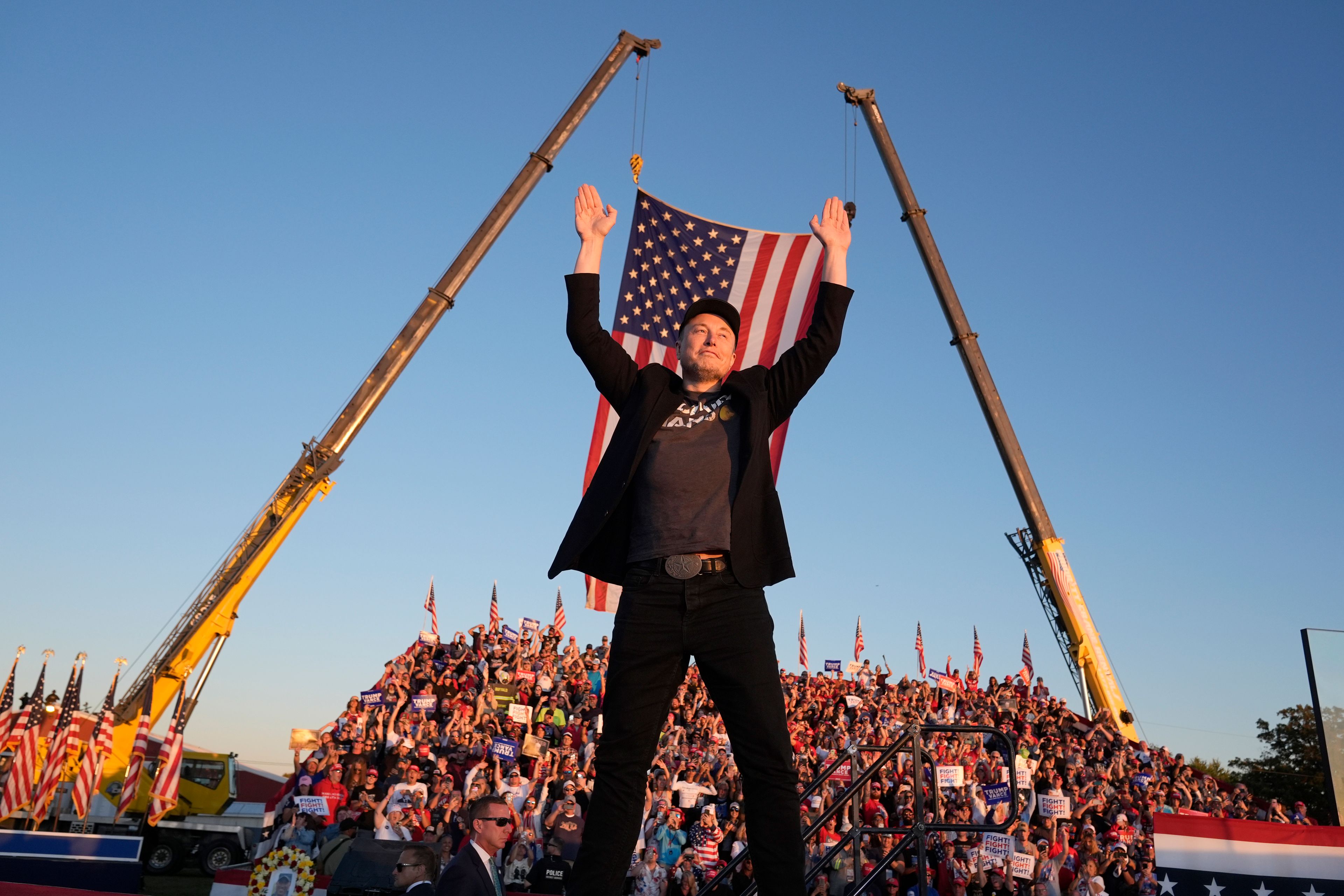 FILE - Tesla and SpaceX CEO Elon Musk walks to the stage to speak alongside Republican presidential nominee former President Donald Trump at a campaign event at the Butler Farm Show, Saturday, Oct. 5, 2024, in Butler, Pa. (AP Photo/Alex Brandon, File)