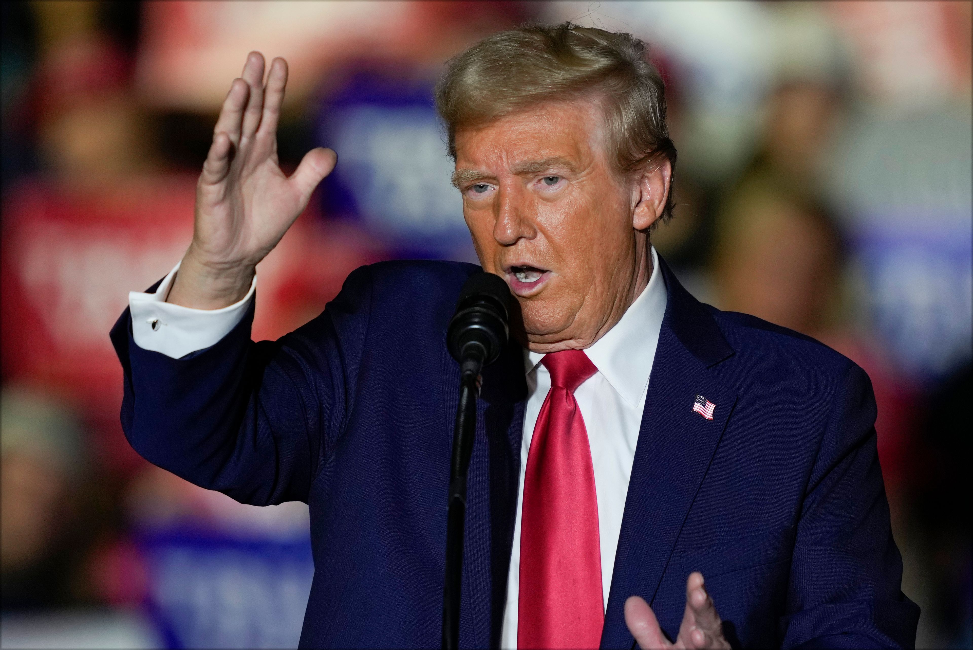 Republican presidential nominee former President Donald Trump speaks at a campaign rally at Minges Coliseum, Monday, Oct. 21, 2024, in Greenville, N.C. (AP Photo/Julia Demaree Nikhinson)