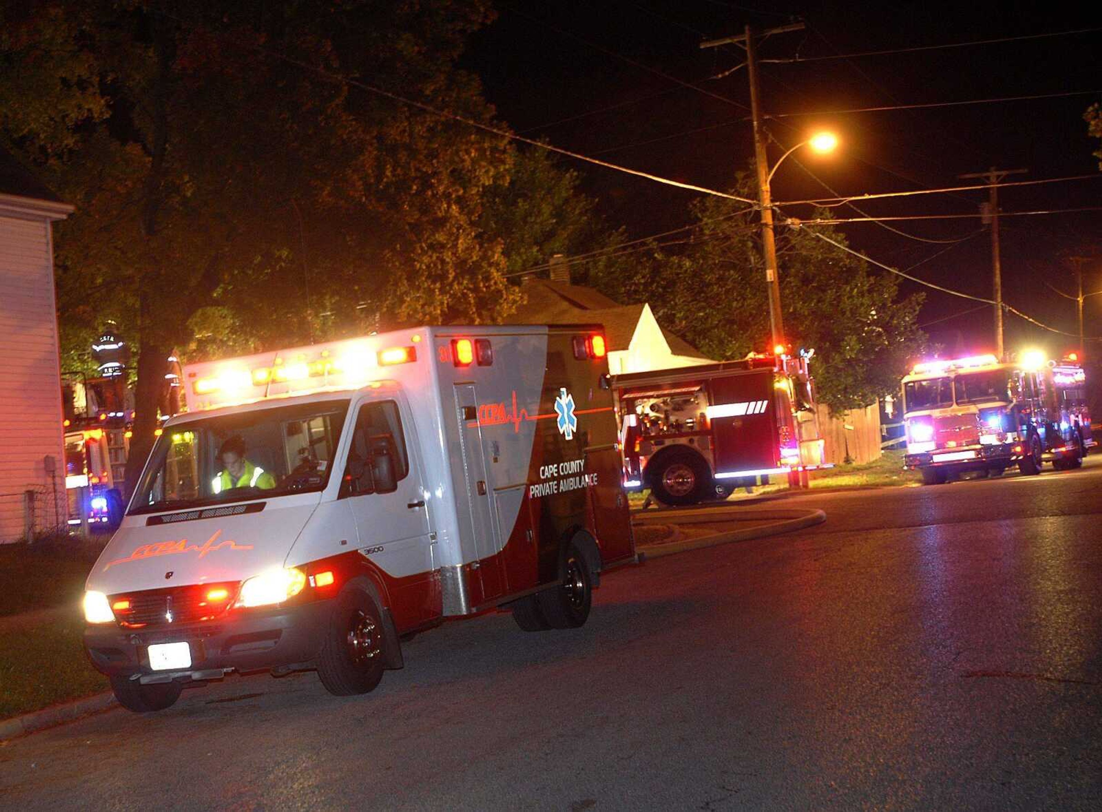 AARON EISENHAUER ~ aeisenhauer@semissourian.com
A Cape County Ambulance Service vehicle stands by at the scene of a fire Oct. 8.