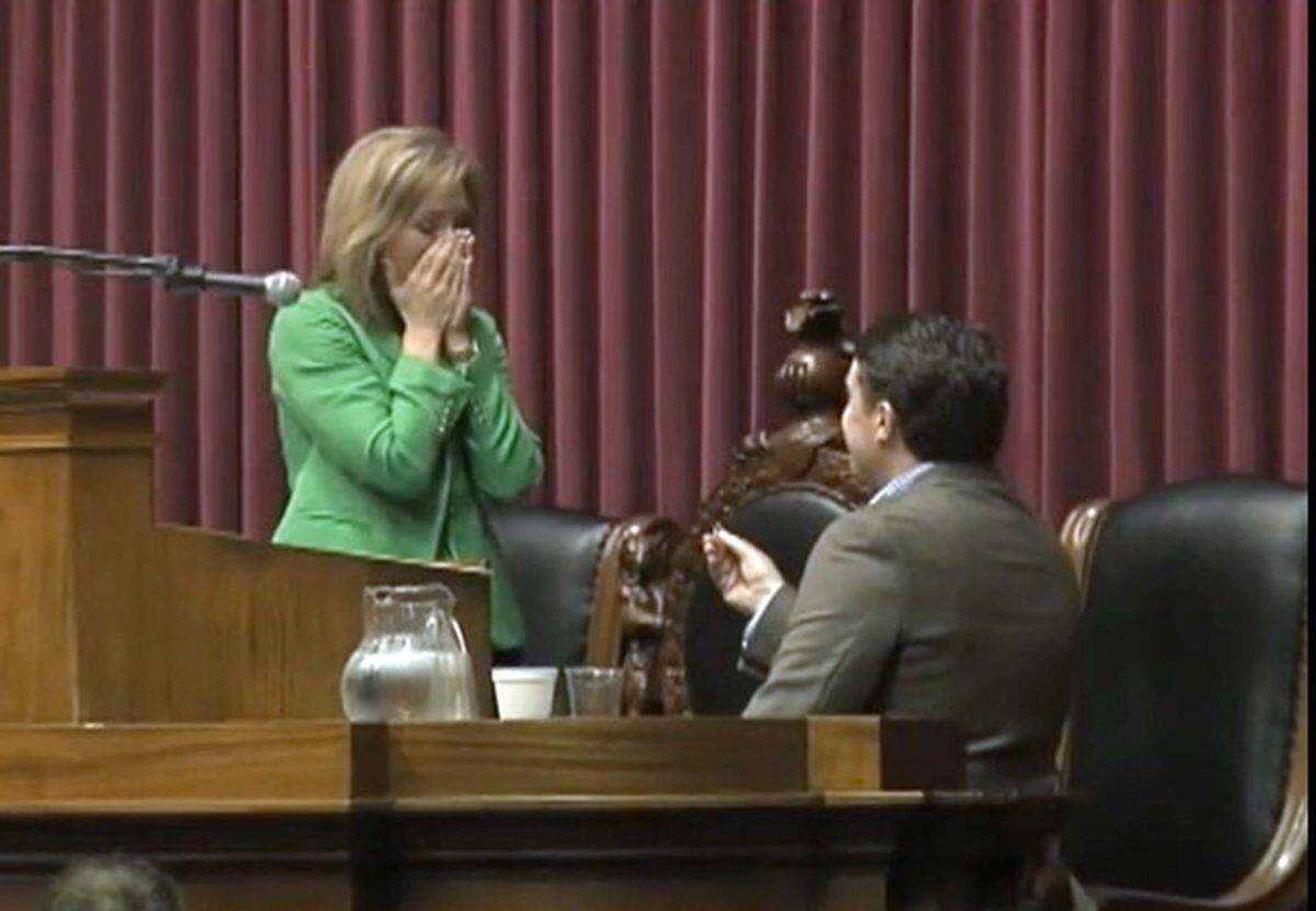 State Rep. Shelley Keeney reacts after her longtime boyfriend, Justin Taylor of Sikeston, Missouri, proposed to her Friday during the last session of the Missouri House of Representatives at the Capitol Building in Jefferson City. (Submitted photo)