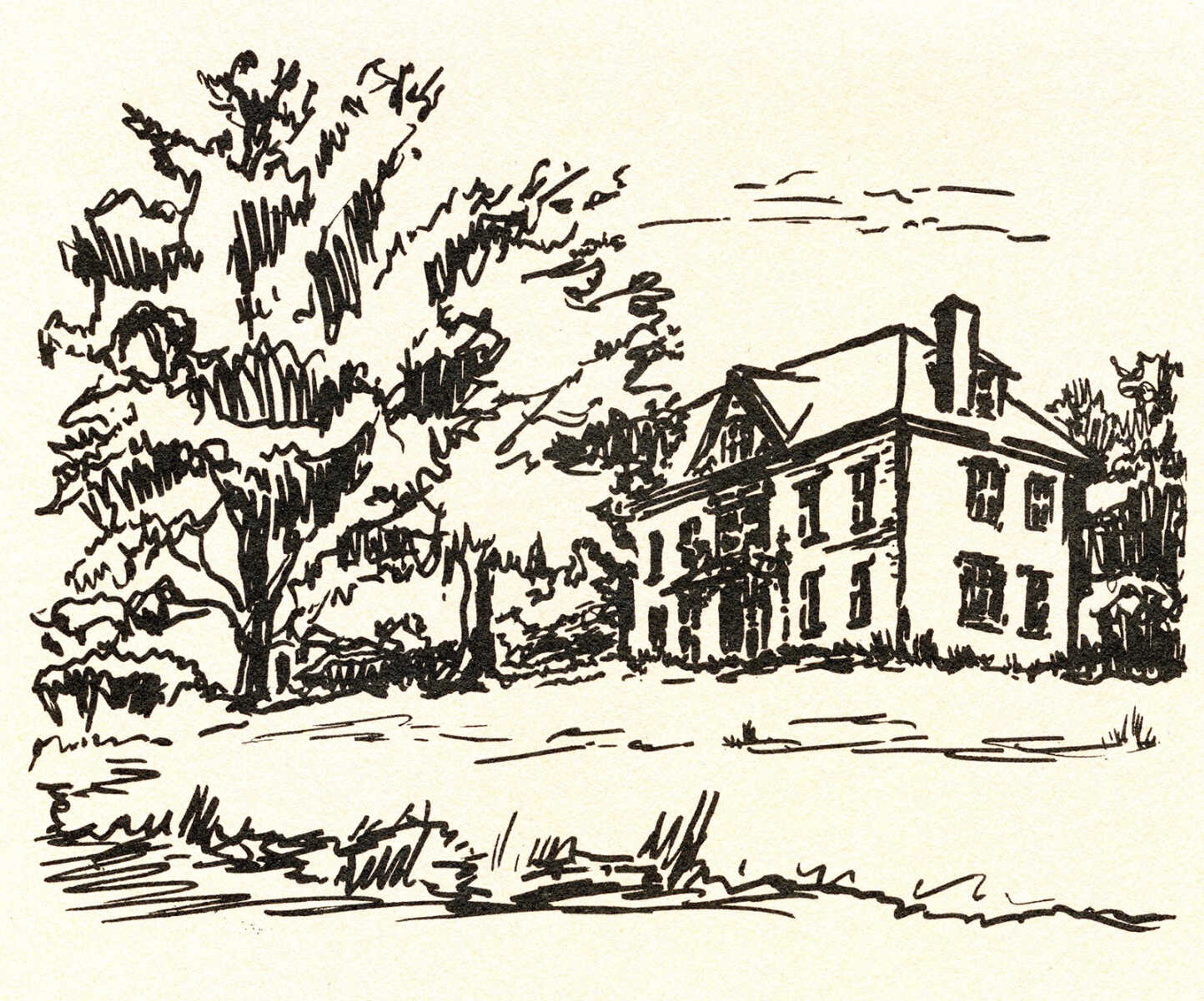 The Lacey-Haas home as seen in a drawing by Sally Gerhardt Clayton, published in the booklet "A Preservationists's Sketchbook of Niineteenth Century Homes in Cape Girardeau.". The booklet was published in 1977 by the Historical Association of Greater Cape Girardeau.