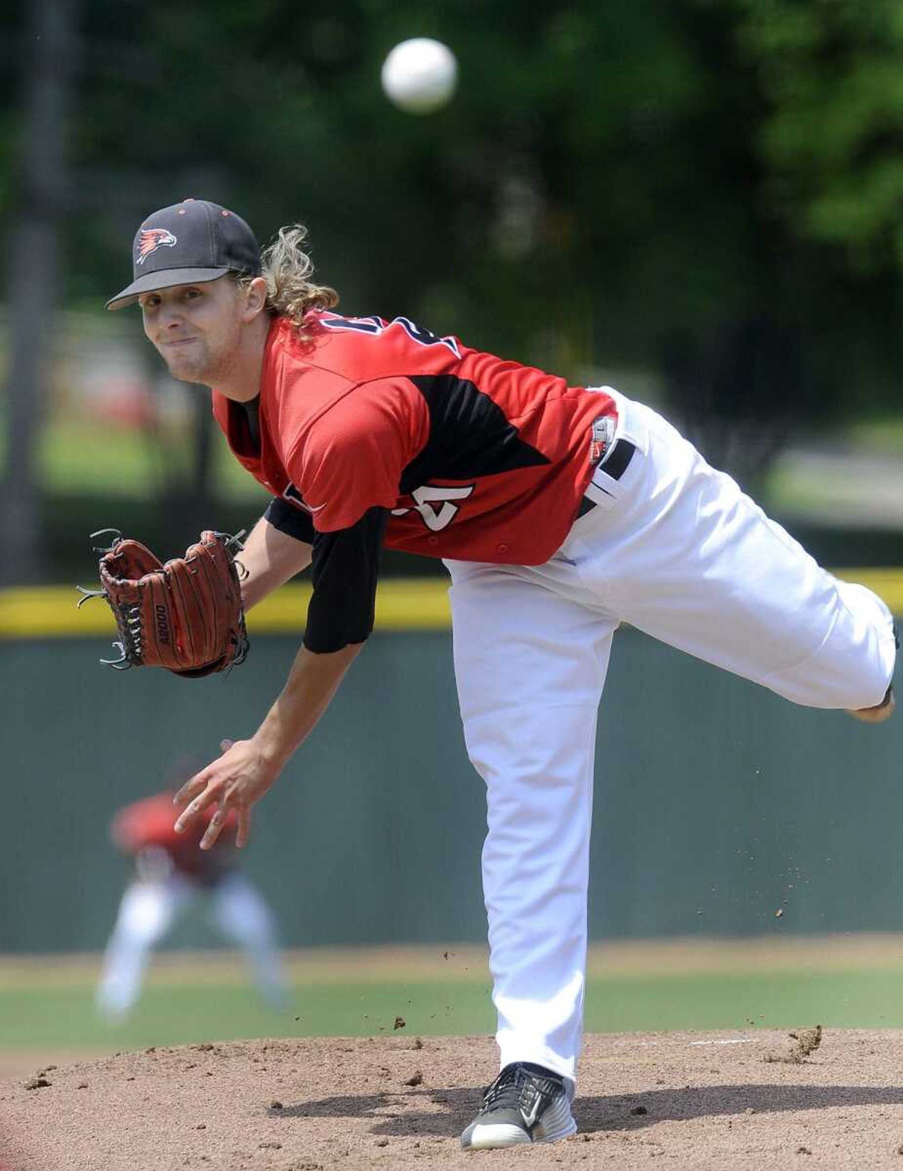 Southeast Missouri State starter Alex Winkelman delivers a pitch to a Tennessee Tech batter during the first inning Sunday, May 3, 2015 at Capaha Field. (Fred Lynch)