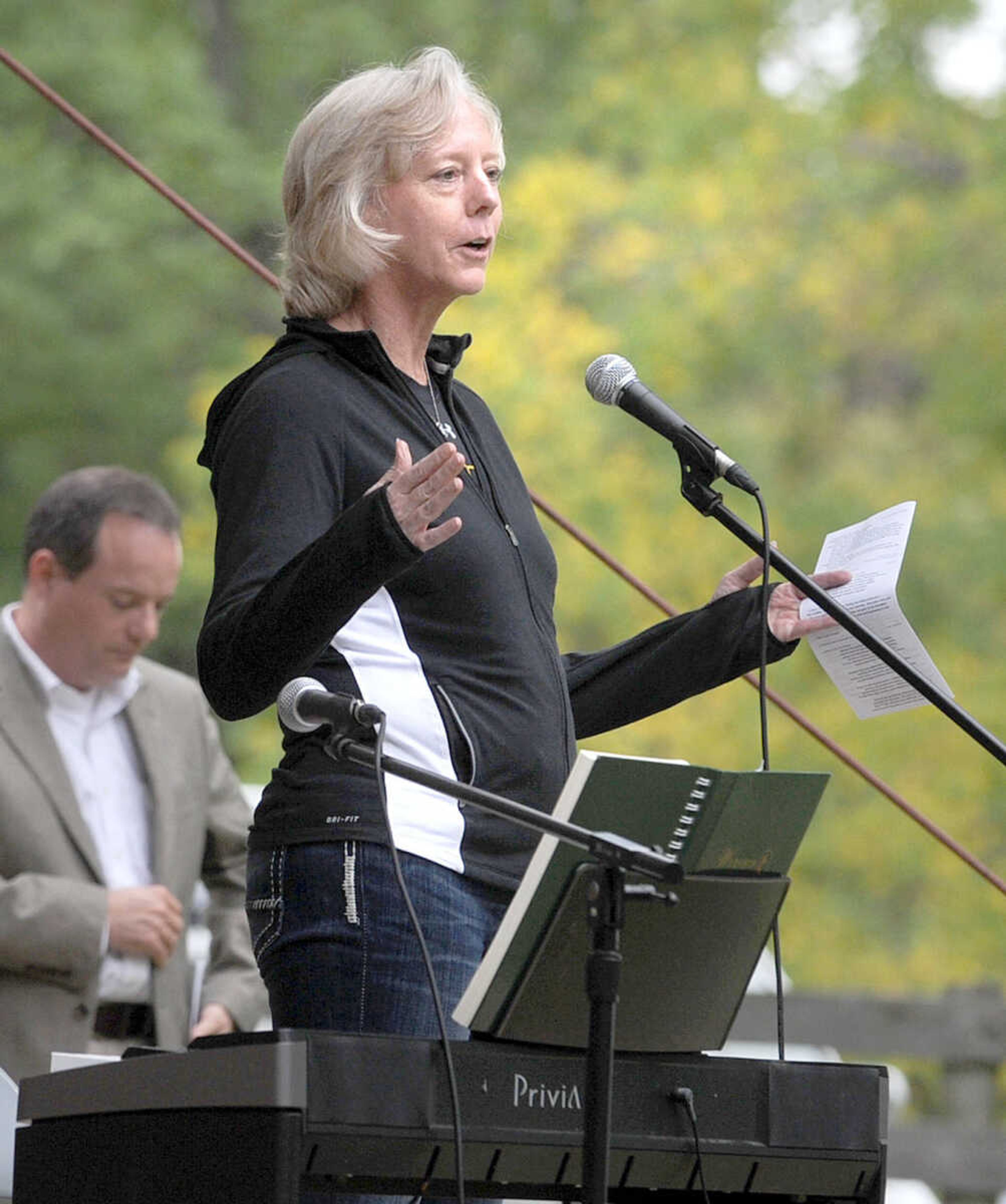 LAURA SIMON ~ lsimon@semissourian.com
Mary Harriet Talbut speaks to the crowd before the offering Sunday, Sept. 30, 2012 during the annual pilgrimage worship gathering at Old McKendree Chapel in Jackson, Mo. The chapel was built in 1819 and is known as the oldest Protestant church standing west of the Mississippi River.