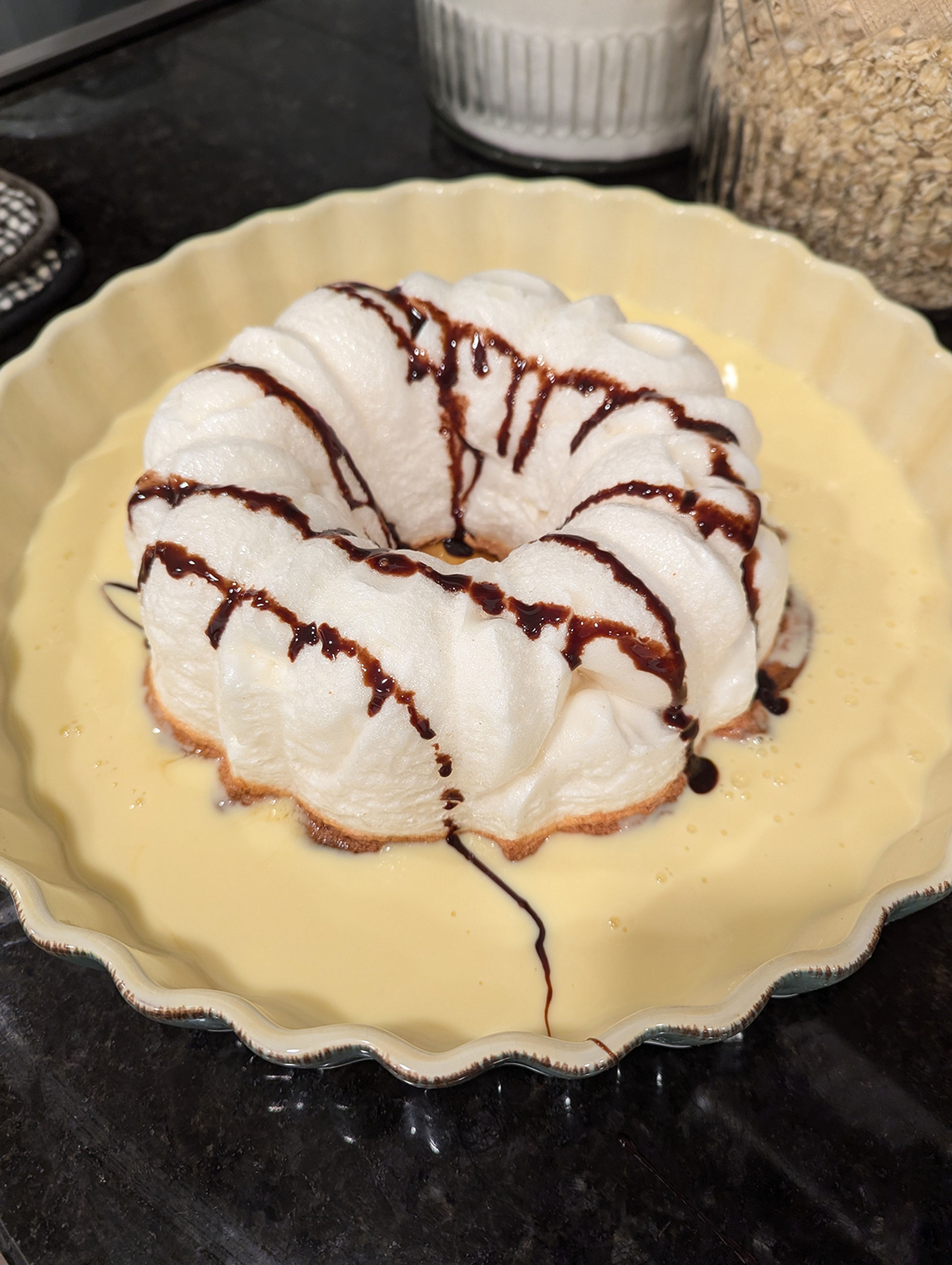 Baked in a large pan is not the classic way to serve the French dessert Floating Island, but an impressive one nonetheless.