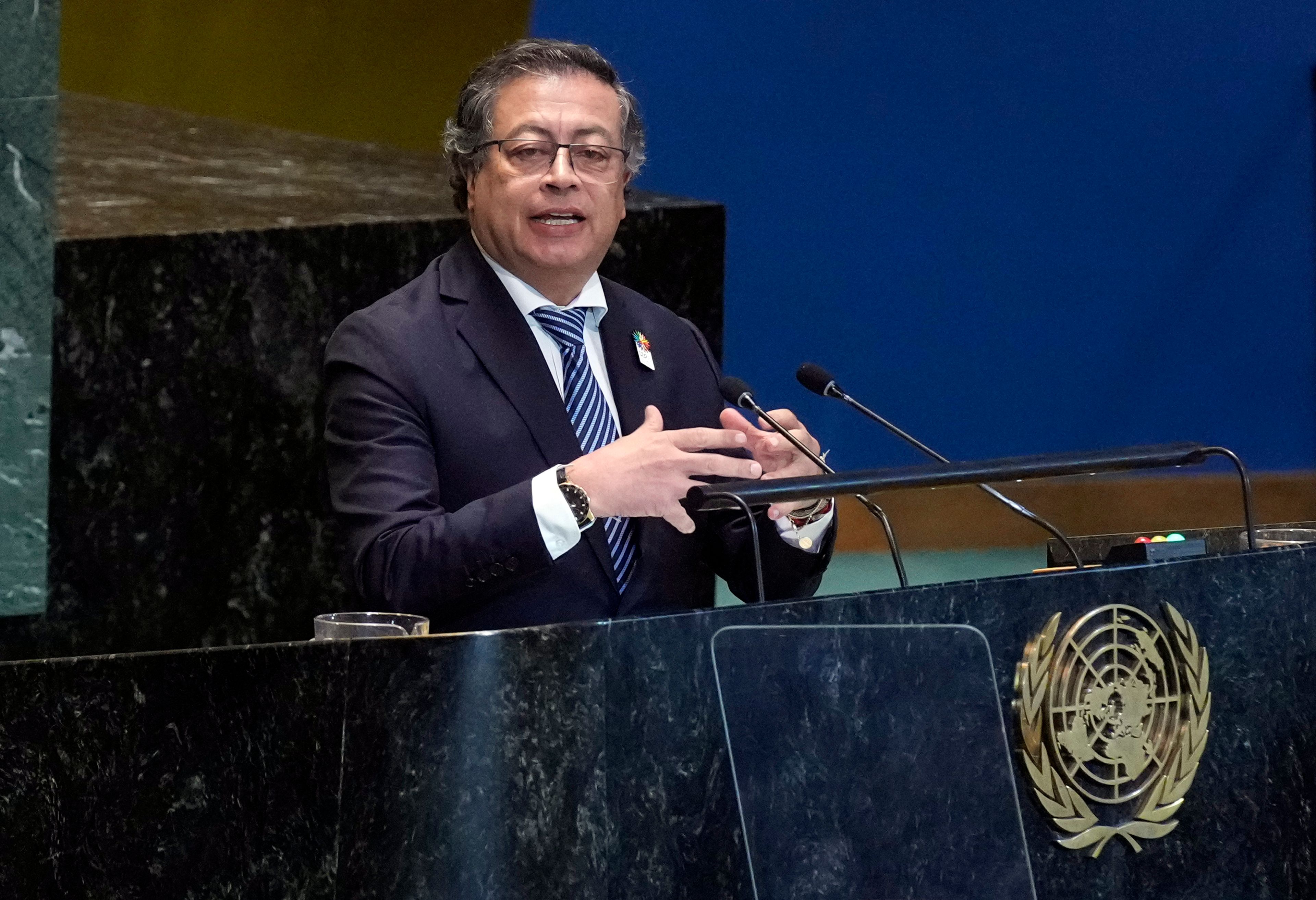 Colombia's President Gustavo Petro Urrego addresses the the Summit of the Future, in the United Nations General Assembly, Monday, Sept. 23, 2024. (AP Photo/Richard Drew)