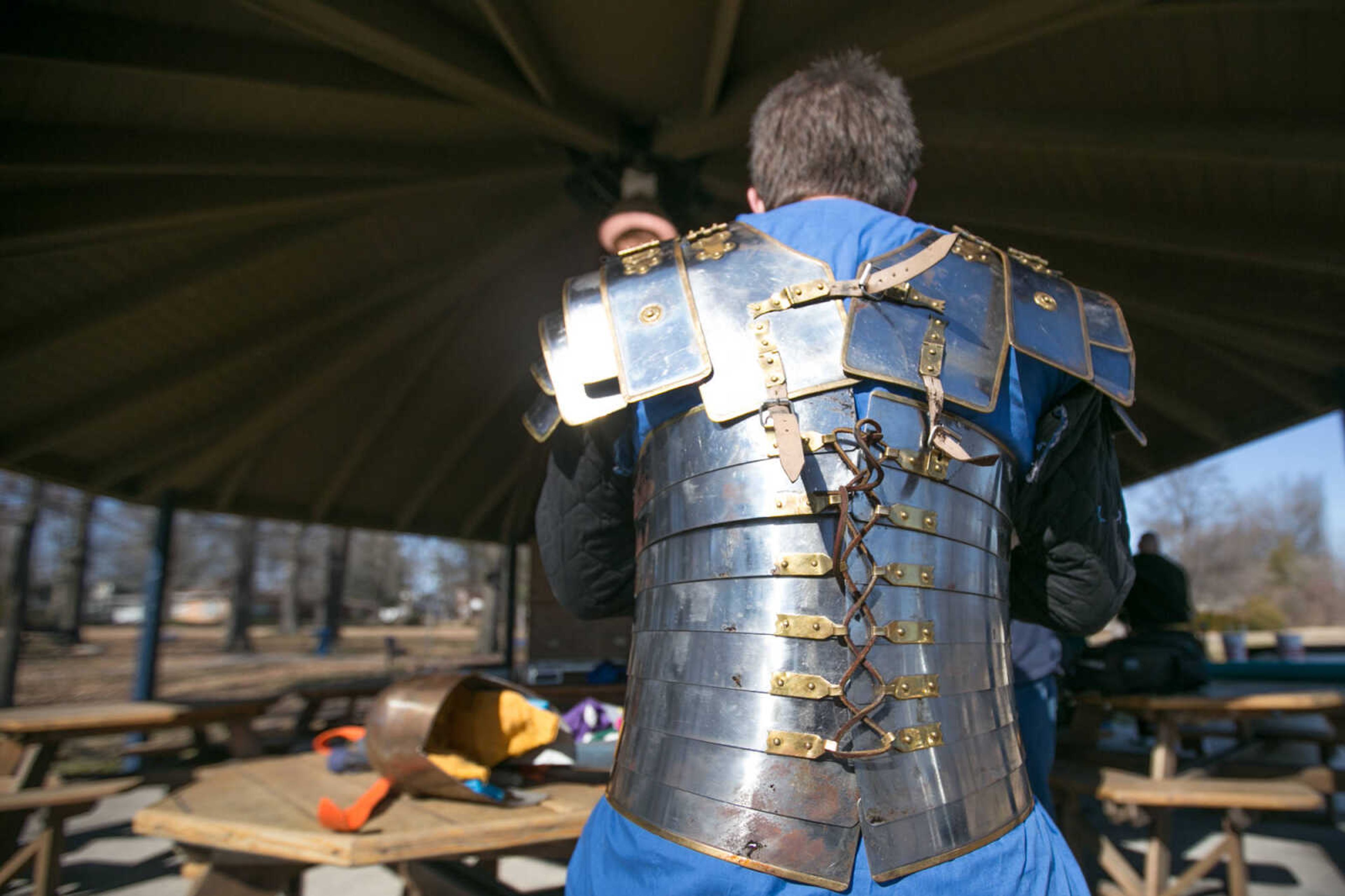 GLENN LANDBERG ~ glandberg@semissourian.com



Jordan Dickerson wears platted armor during an Amtgard practice Saturday, Jan. 31, 2016 at Arena Park in Cape Girardeau.