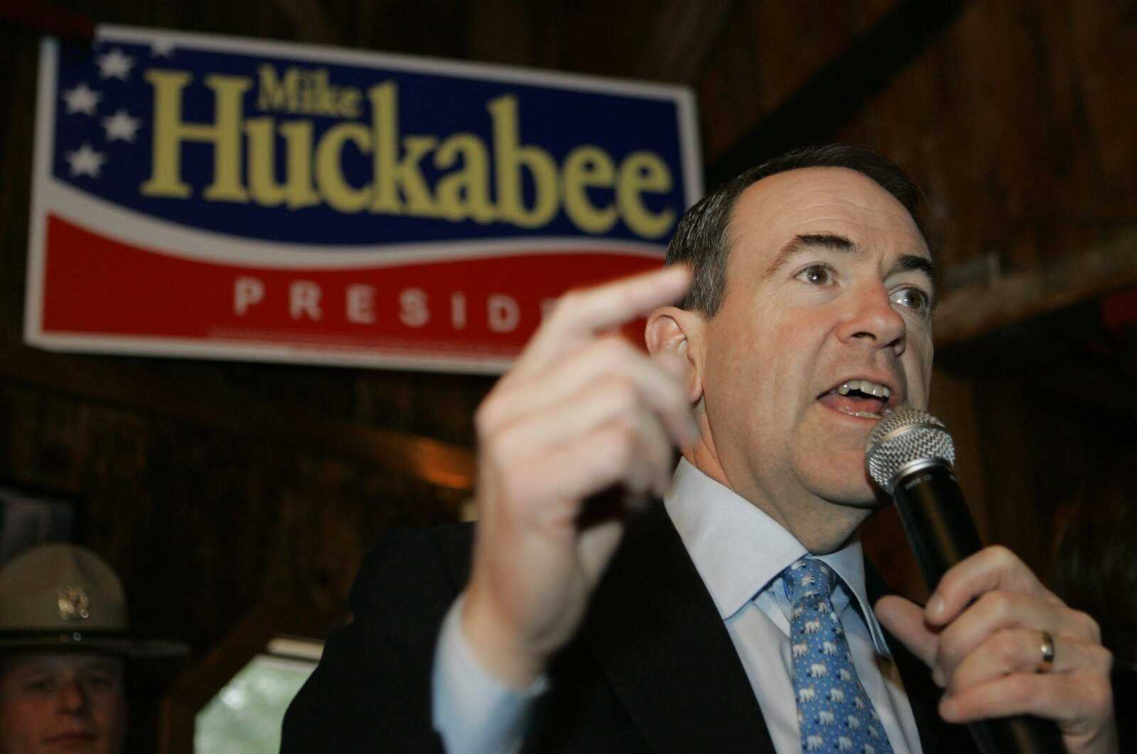 Republican Presidential hopeful, former Arkansas Gov. Mike Huckabee speaks at a campaign stop in Mason, N.H., Monday, Jan. 7, 2008. (AP Photo/Alex Brandon)