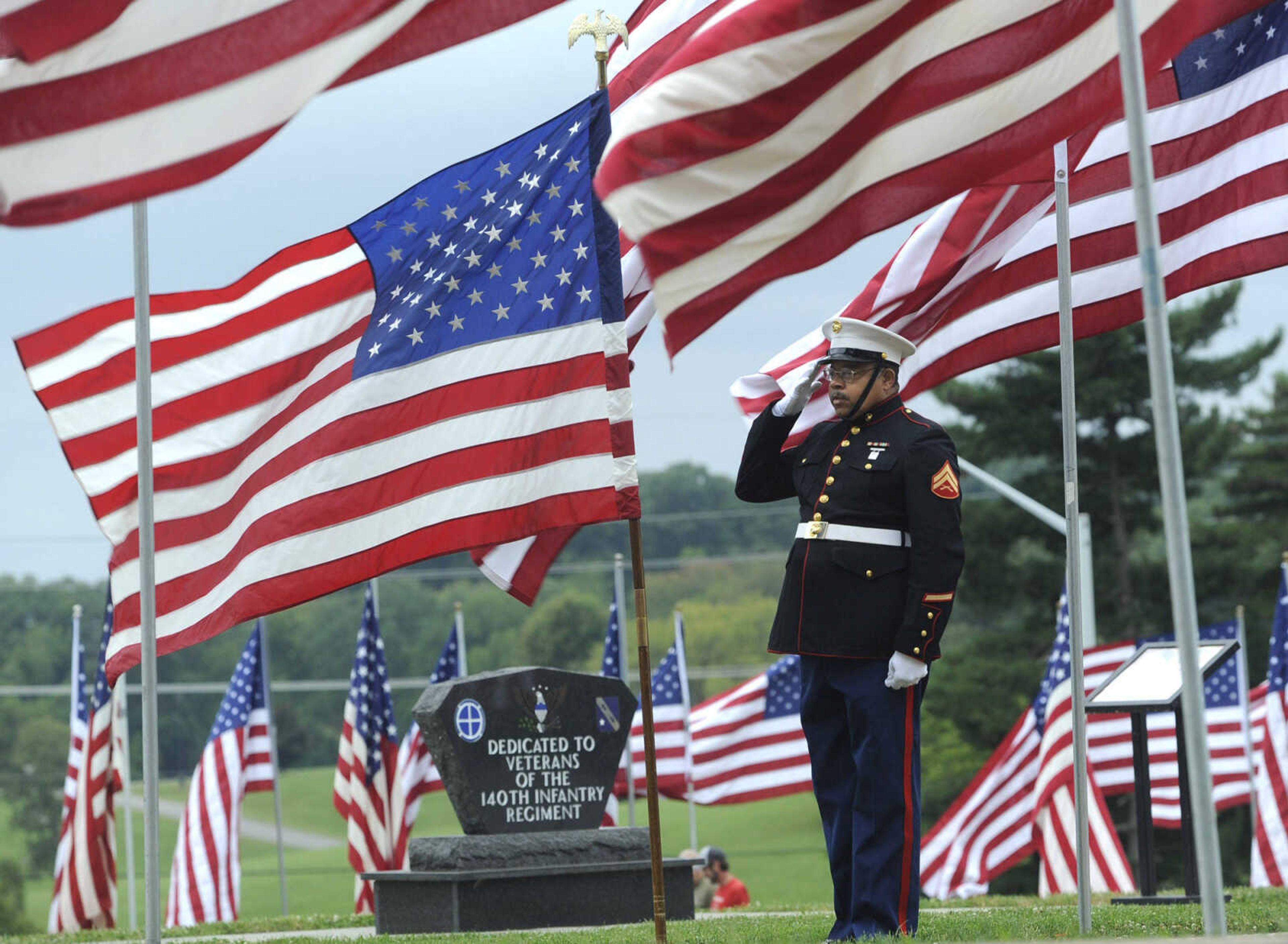 FRED LYNCH ~ flynch@semissourian.com
The Marine Corps League color guard posts the colors at the Avenue of Flags on Friday, Sept. 11, 2015 at Cape County Park North.