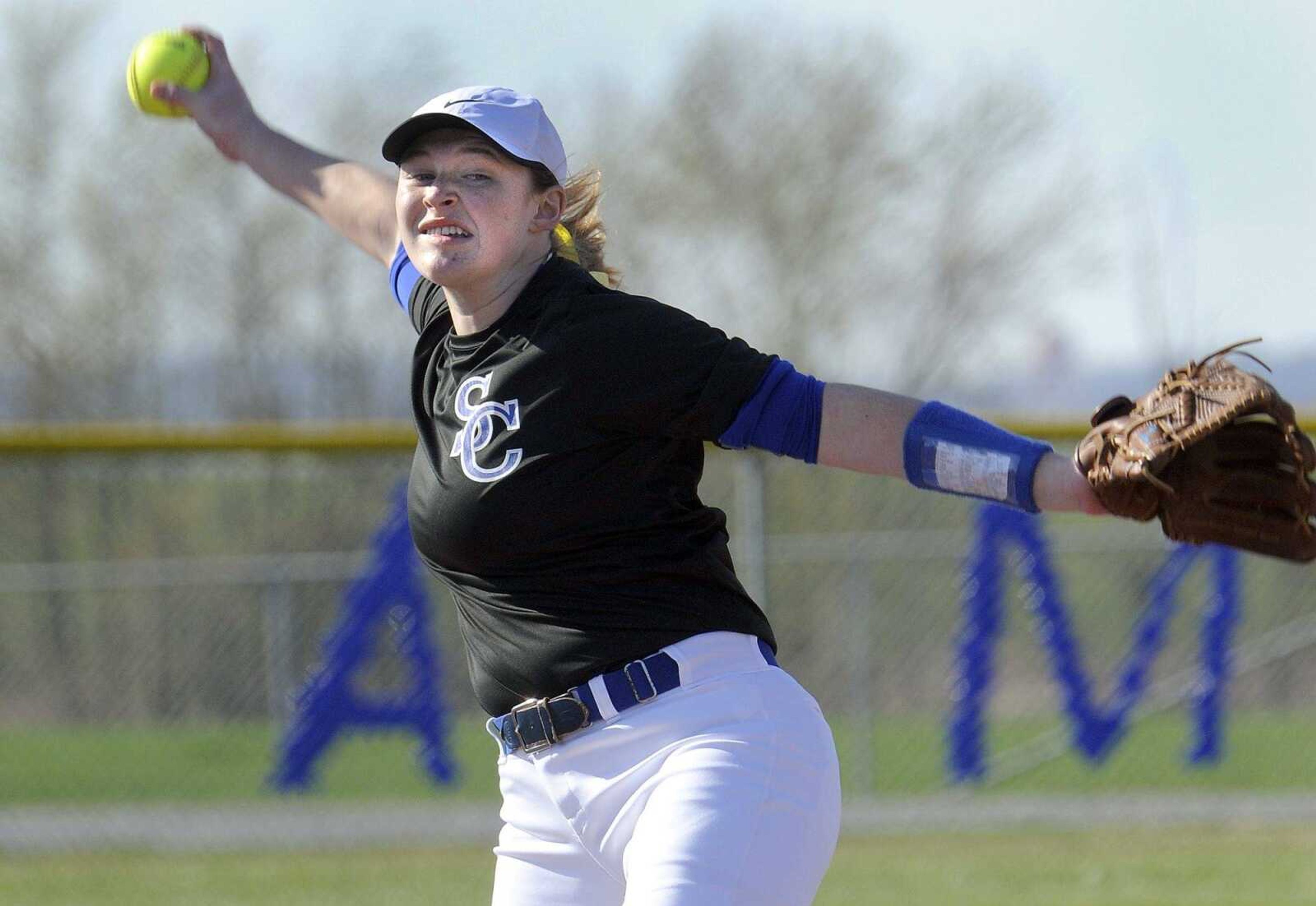 Scott City starter Kaileigh Dirden pitches to an Oran batter during the first inning Monday, March 21, 2016 in Scott City.