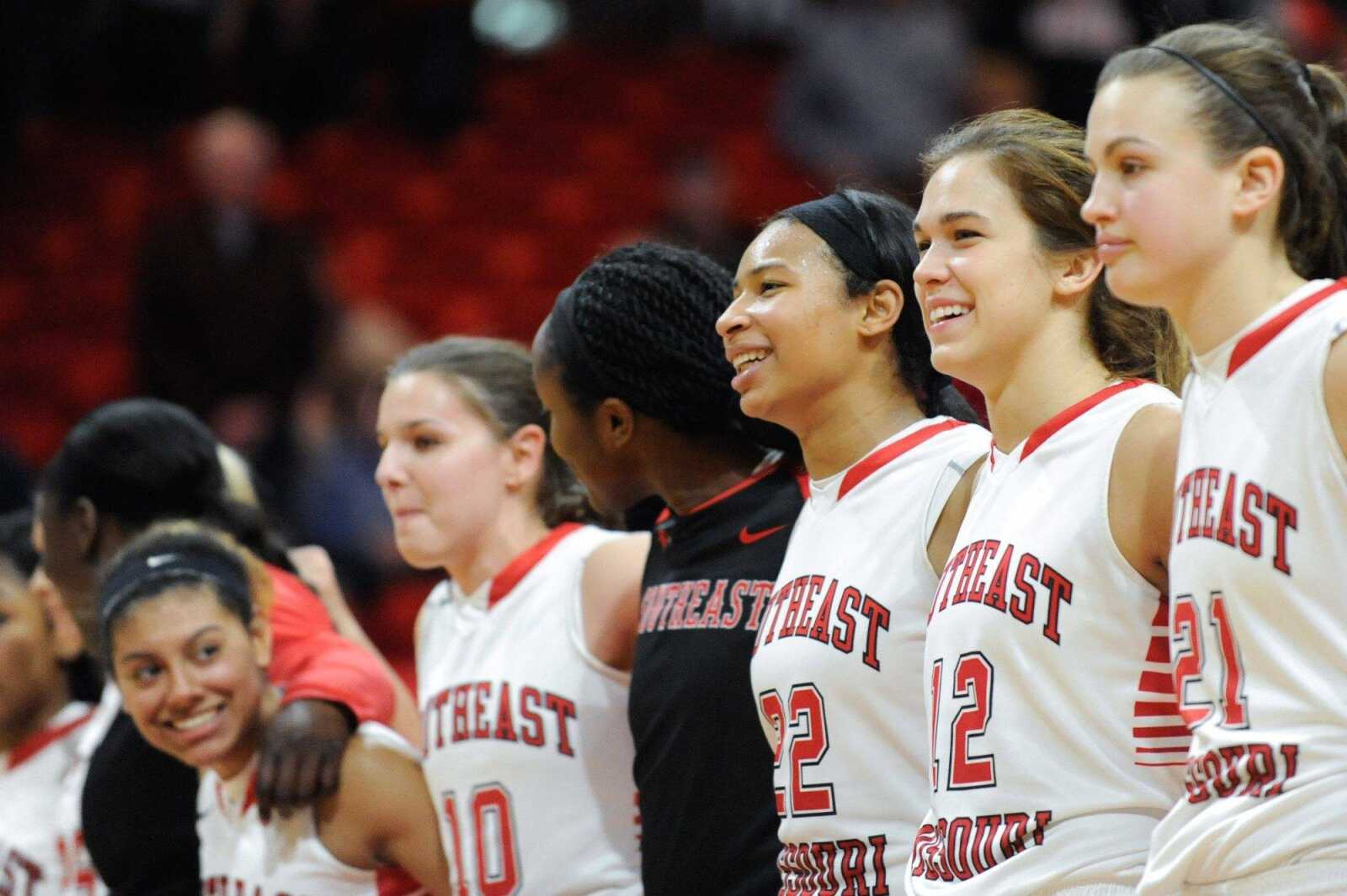 Southeast Missouri State players celebrate their victory over Austin Peay with the playing of the alma mater Saturday, Jan. 30, 2016 at the Show Me Center.