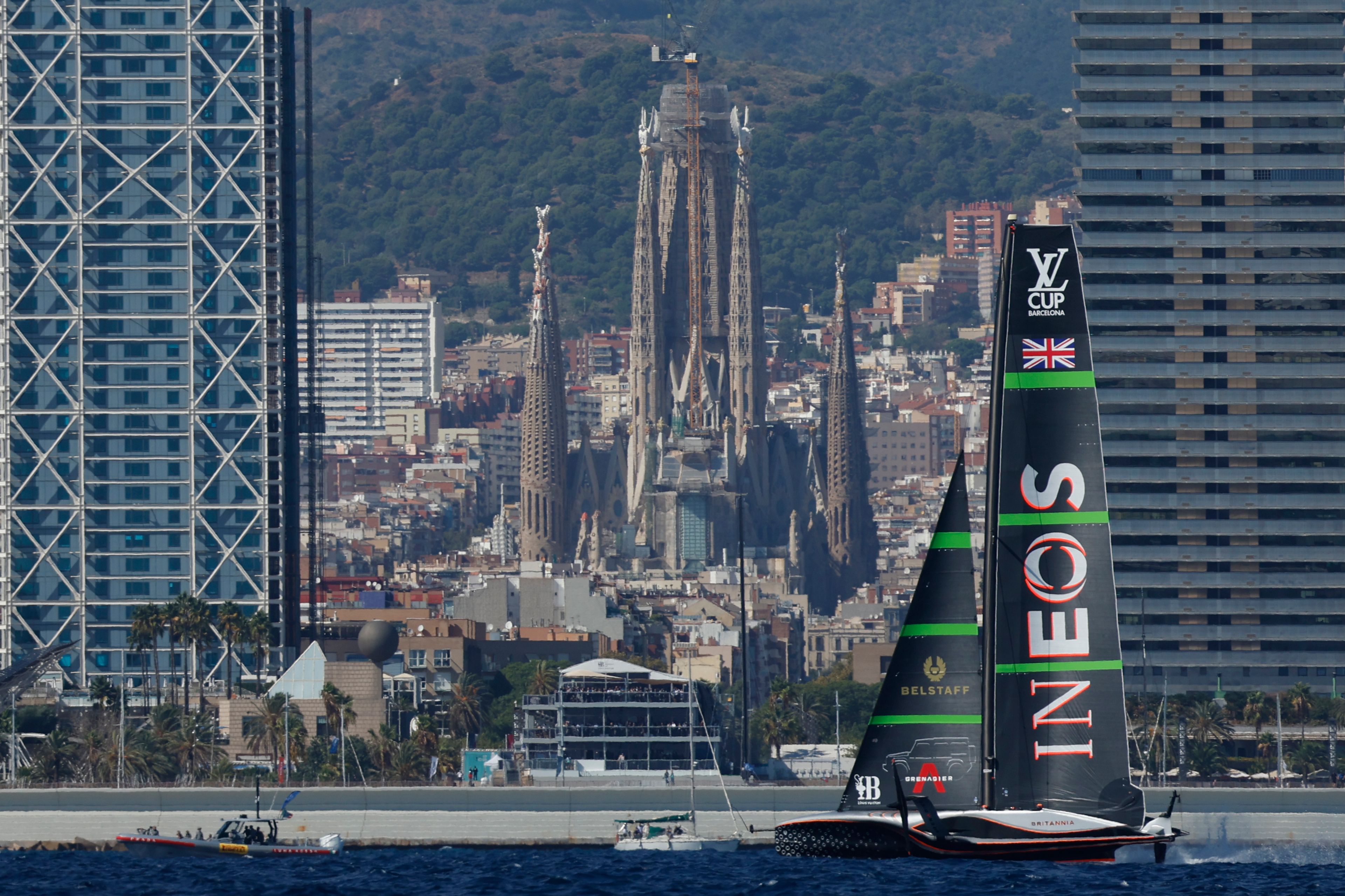 INEOS Britannia sailing team competes during the Louis Vuitton Cup Final Day 7 at the Barcelona's coast, Spain, Friday, Oct. 4, 2024. (AP Photo/Joan Monfort)