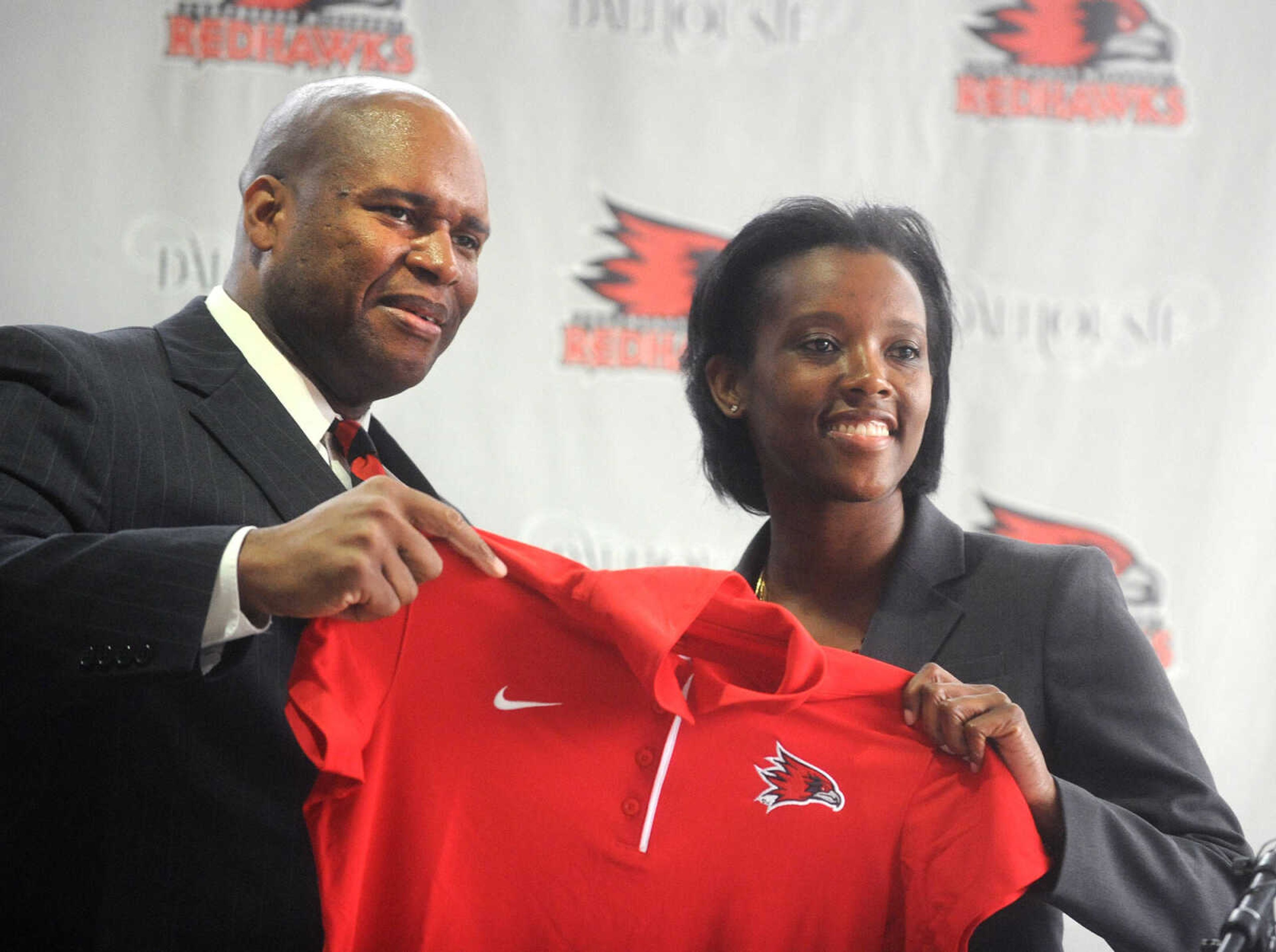 Southeast Missouri State University Athletic Director, Mark Alnutt introduces Rekha Patterson during a press conference in April naming Patterson has the new head women's basketball coach at Southeast. (Laura Simon)