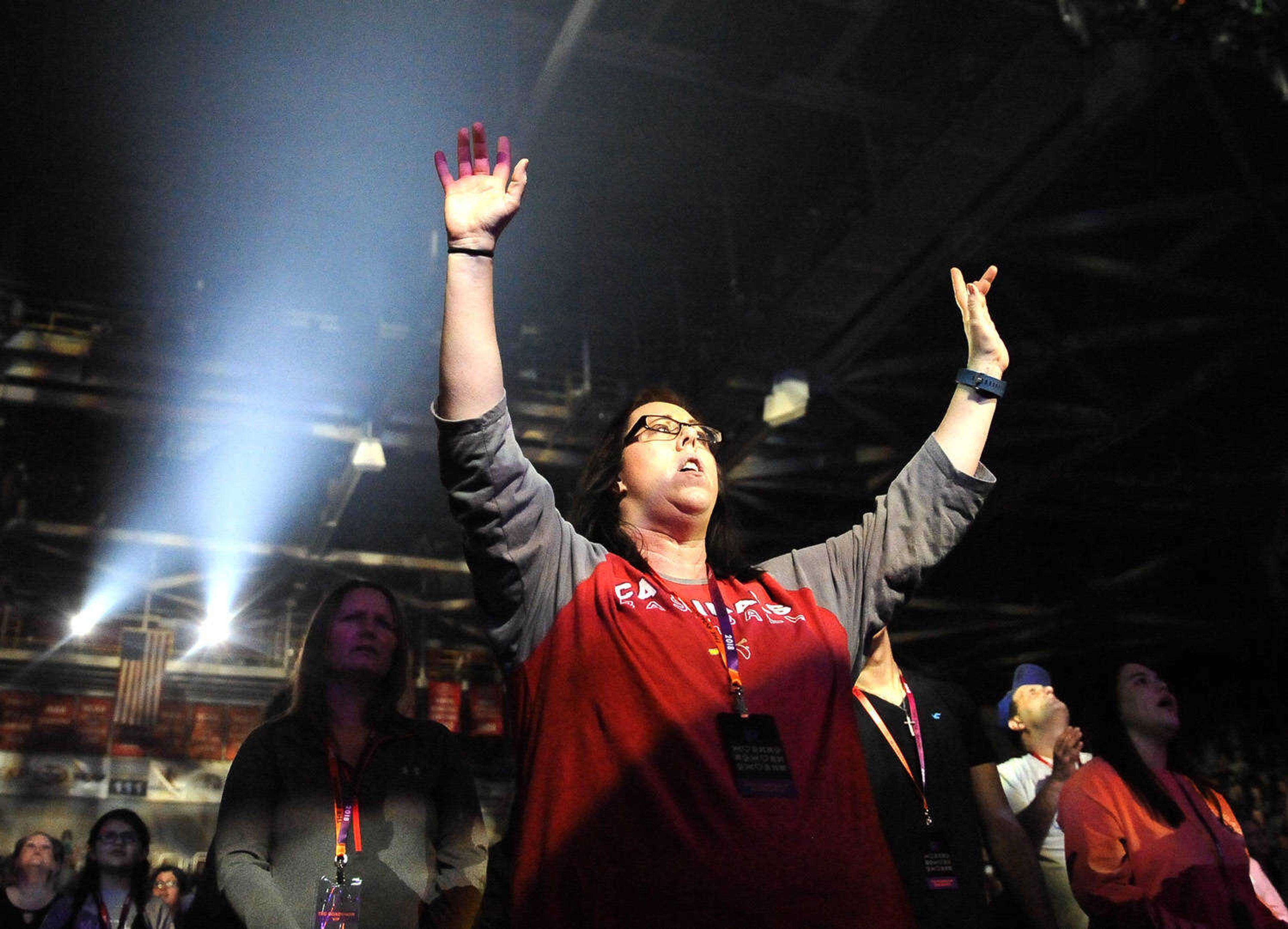 A concert goer reacts to the music of The Roadshow on Thursday, Feb. 22, 2018, held at the Show Me Center in Cape Girardeau.