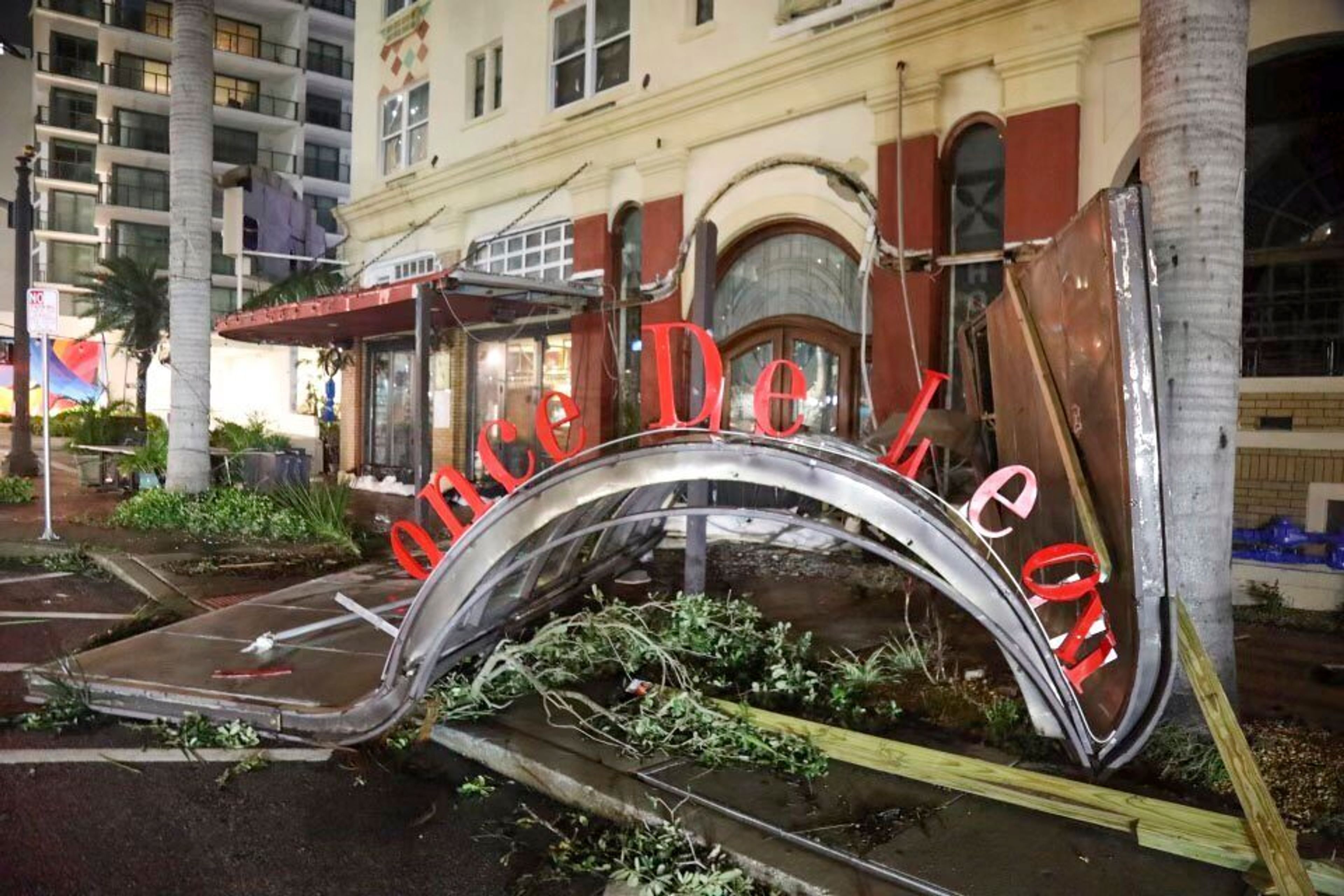 The Ponce De Leon Hotel sign fell to the ground after Hurricane Milton made landfall in Florida, Thursday, Oct. 10, 2024 in St Petersburg. (Lauren Peace/Tampa Bay Times via AP)