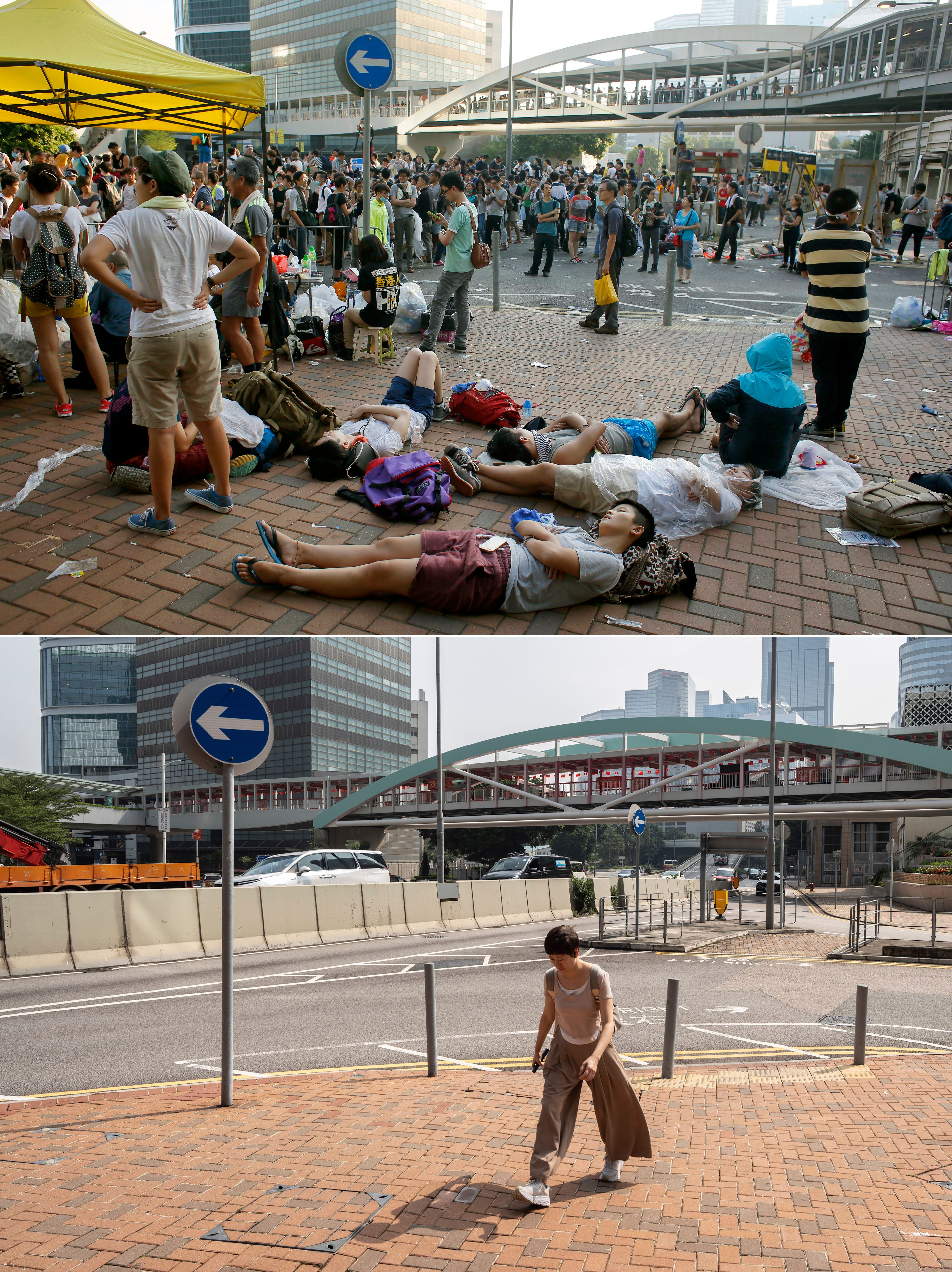 This combination image made from two photos shows student protesters occupy the streets surrounding the government headquarters in Hong Kong, early Monday, Sept. 29, 2014, top, and the same site on Saturday, Sept. 28, 2024. (AP Photo/Wally Santana, Chan Long Hei)