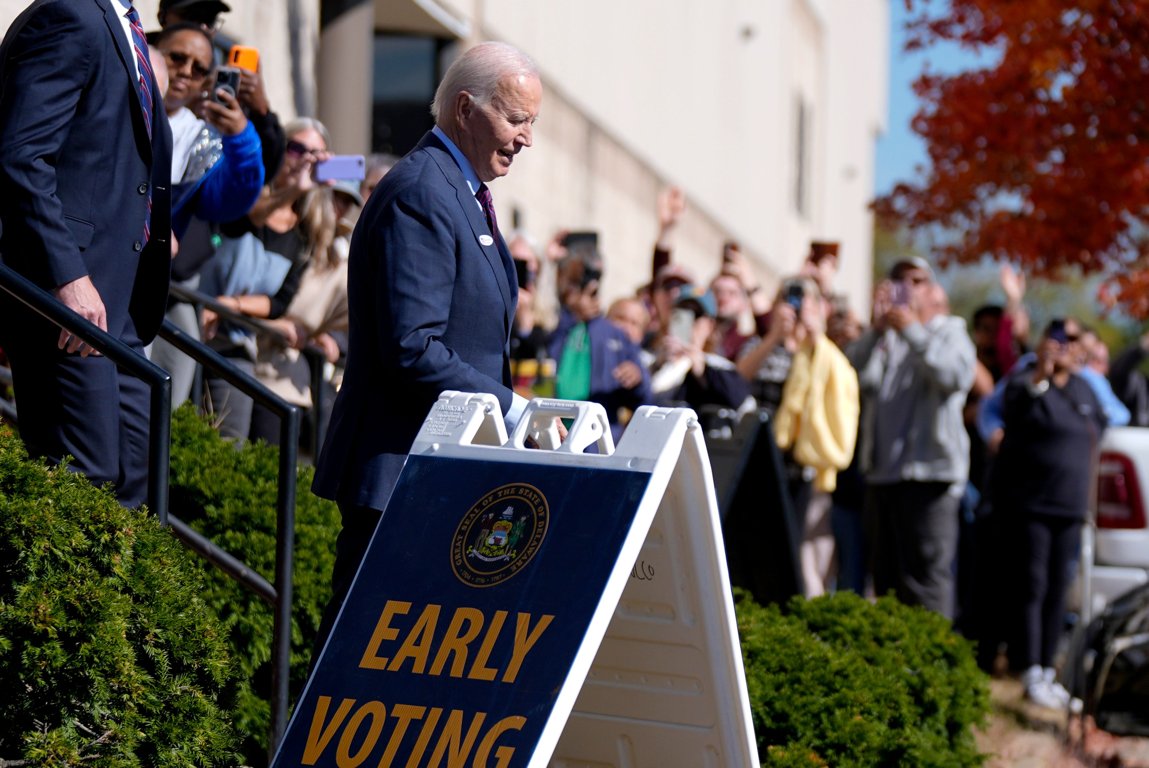 President Joe Biden departs a polling station after casting his early-voting ballot for the 2024 general elections, Monday, Oct. 28, 2024, in New Castle, Del. (AP Photo/Manuel Balce Ceneta)