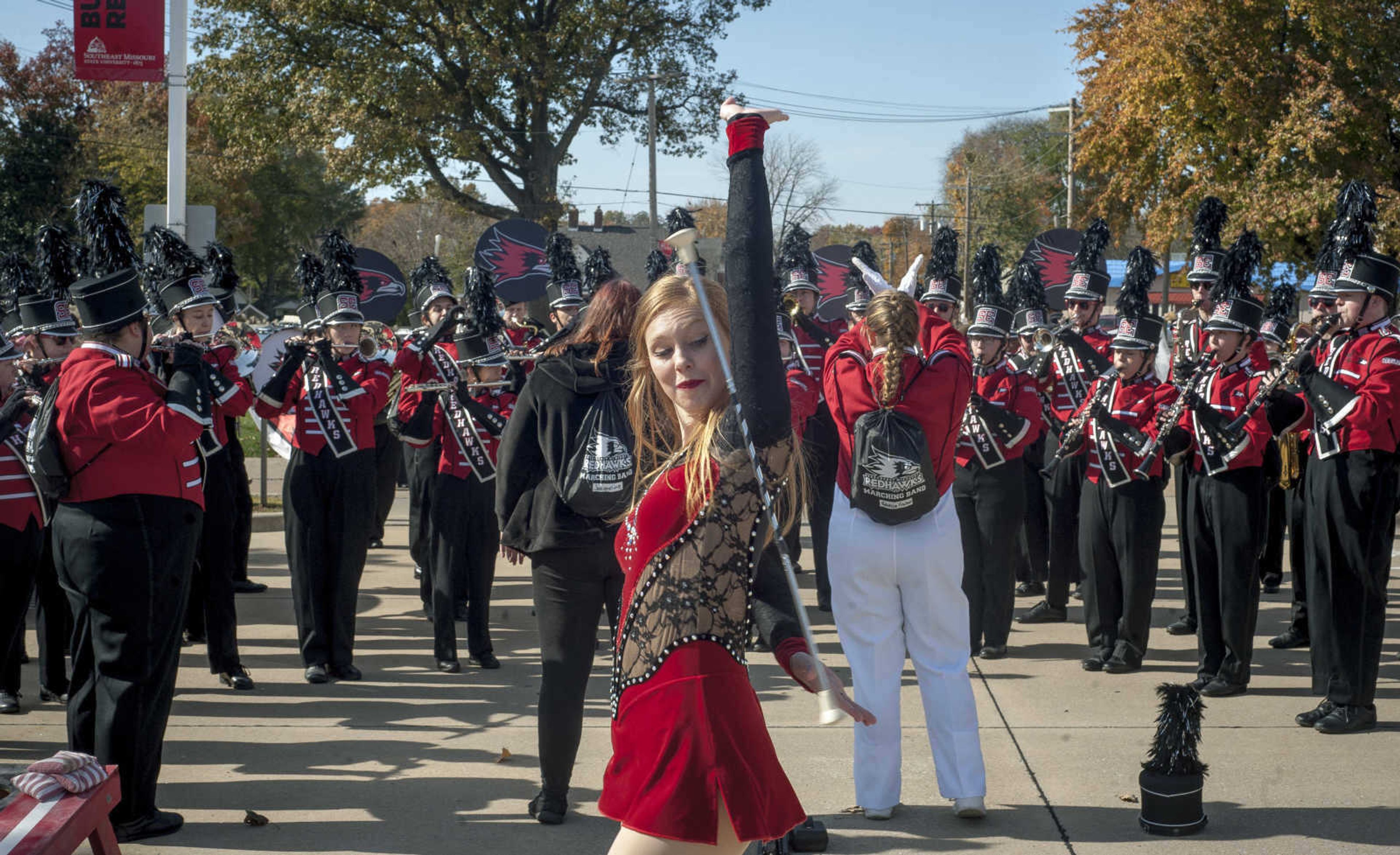 The Southeast marching band performs for tailgating fans before a game between Southeast Missouri State University and Eastern Kentucky University Saturday, Nov. 9, 2019, at Houck Stadium in Cape Girardeau. (Tyler Graef ~ Southeast Missourian)