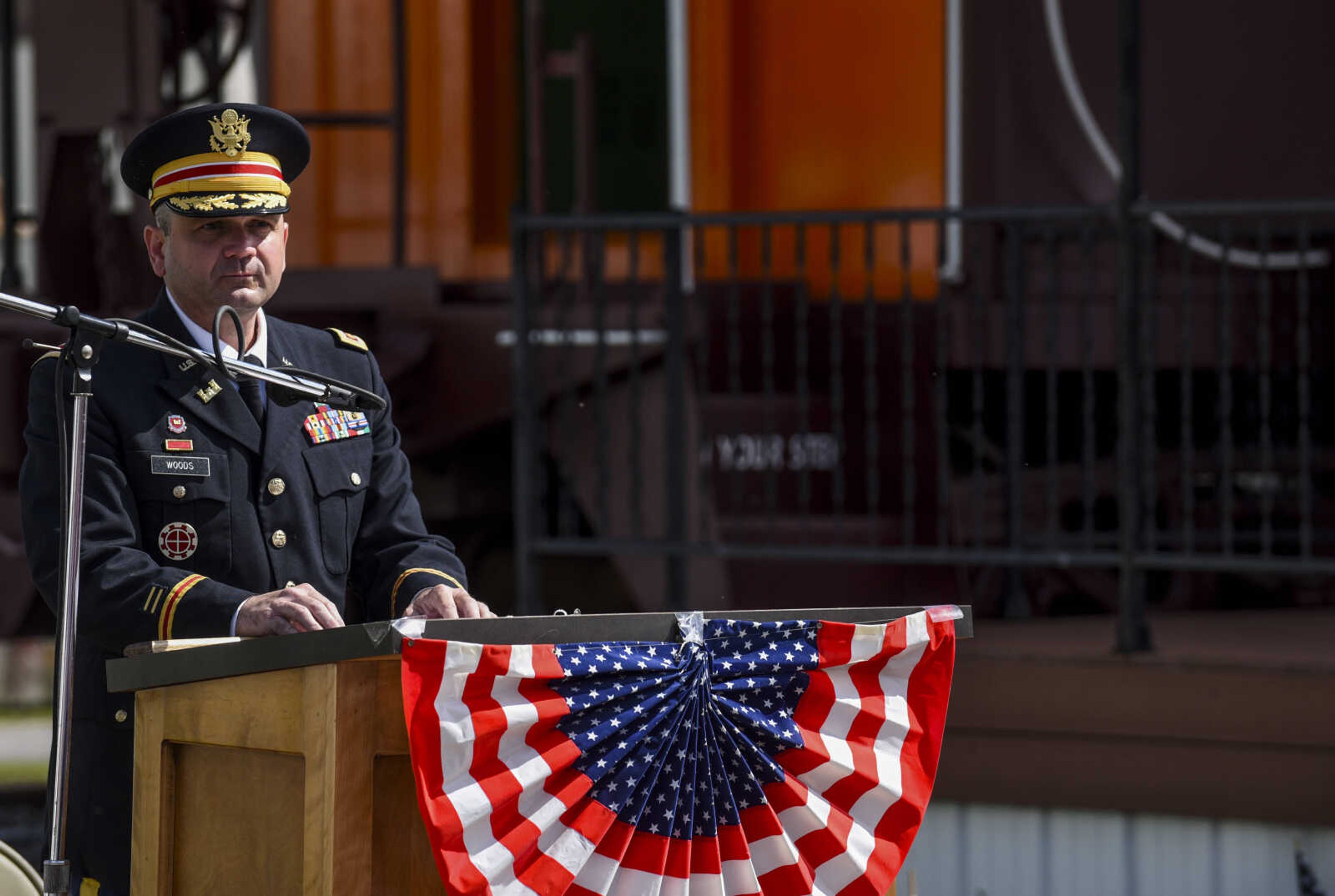 Major Mike Woods speaks at the Honoring our Military event Saturday, May 5, 2018, at the Scott City Historical Museum in Scott City.