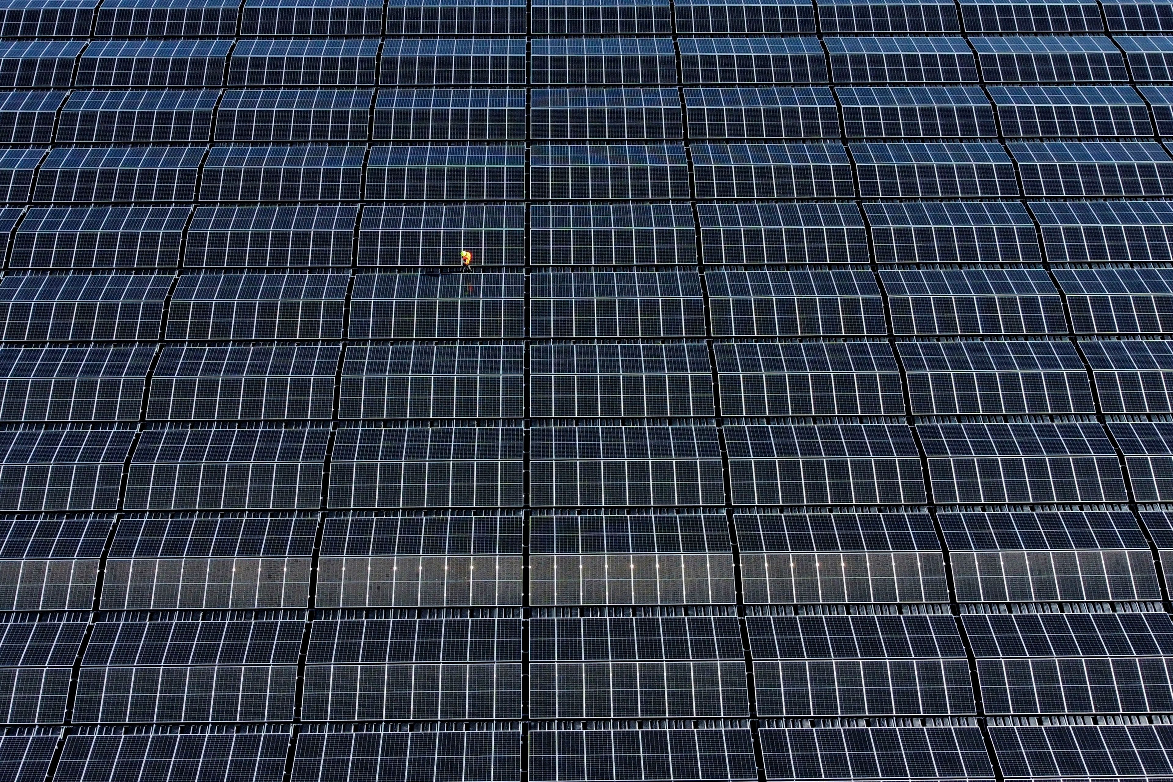 A worker walks through a floating solar farm on the Cottbuser Ostsee lake near Cottbus, Germany, Wednesday, Oct. 16, 2024. (AP Photo/Matthias Schrader)