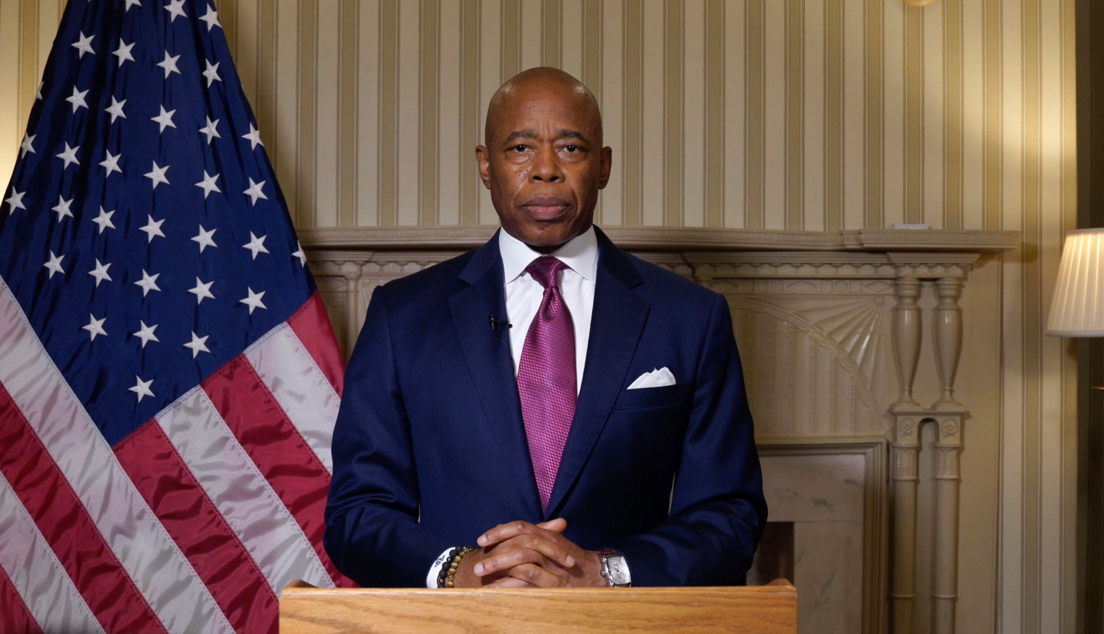 This image taken from video released by New York City Office of the Mayor, Wednesday, Sept. 25, 2024, shows mayor Eric Adams speaking during a videotaped statement. (New York City Office of the Mayor via AP)