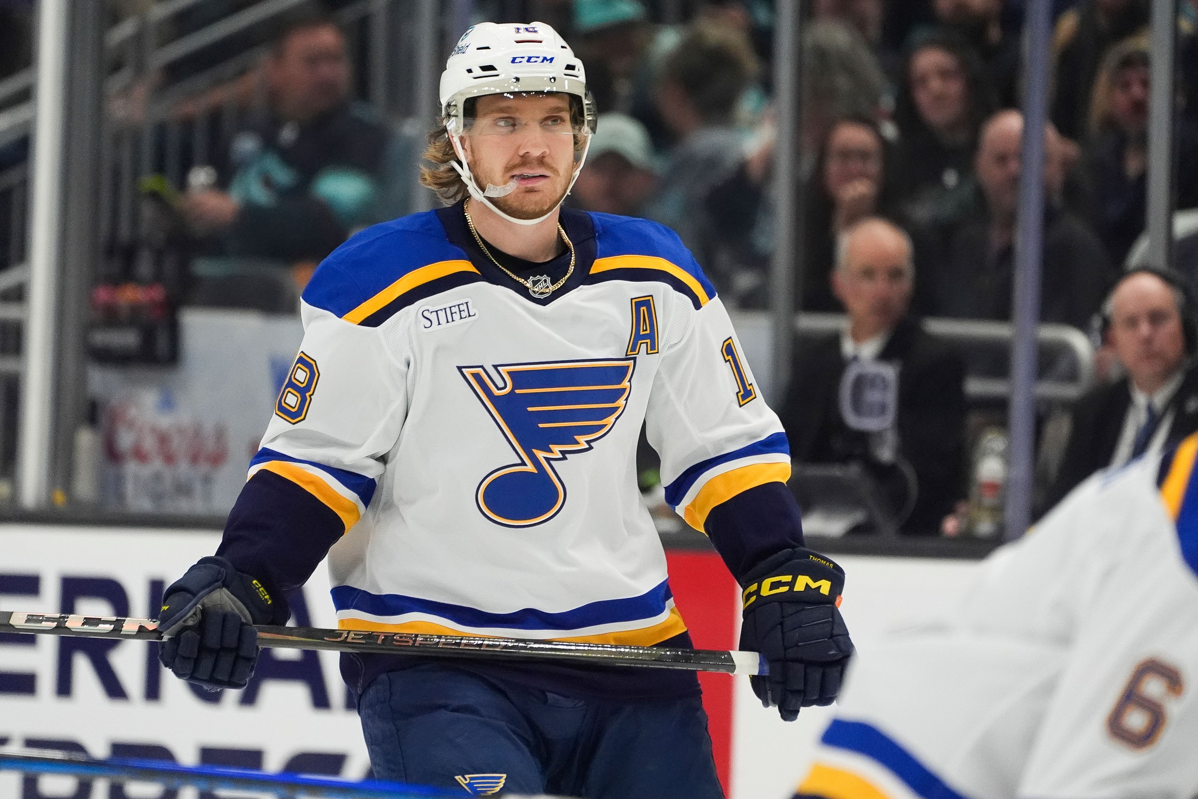 FILE - St. Louis Blues center Robert Thomas looks on during the second period of an NHL hockey game against the Seattle Kraken, Oct. 8, 2024, in Seattle. (AP Photo/Lindsey Wasson, File)