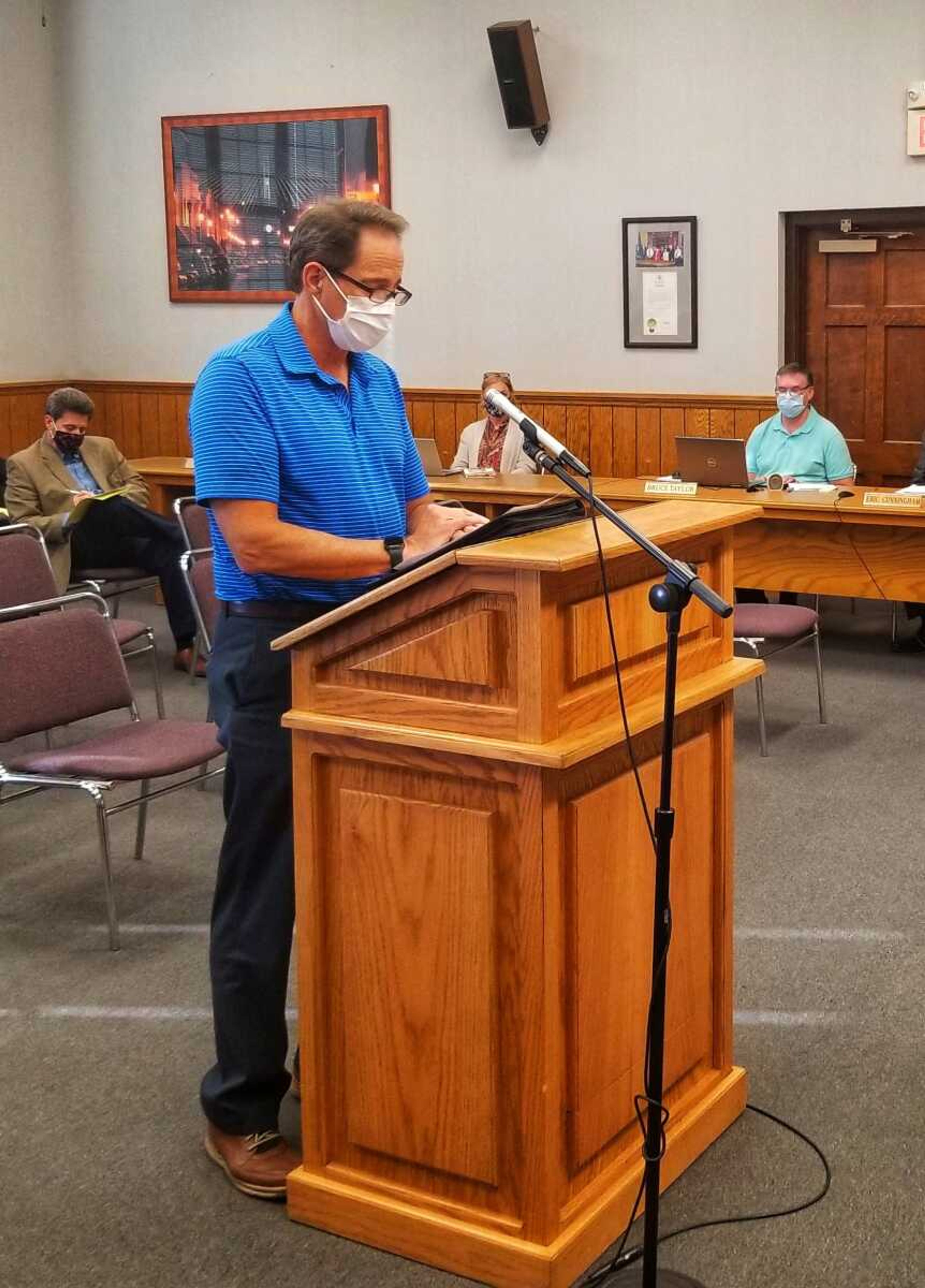 Chad Hartle of RCH Development asks the Cape Girardeau City Council for a resolution of support for RCH's planned South Side Village housing development Monday in Cape Girardeau.